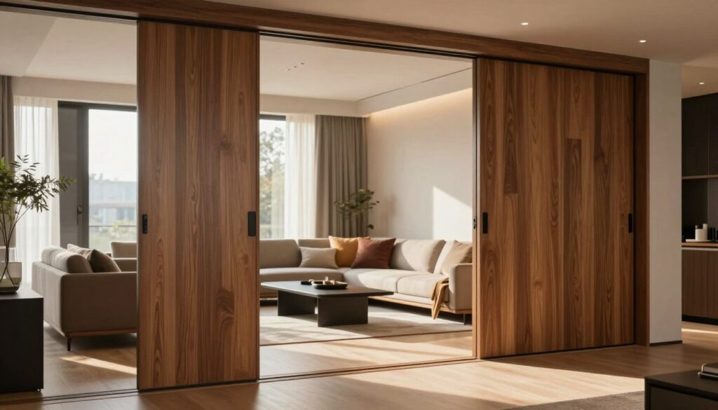 A modern living room featuring sleek sliding panels instead of traditional doors, creating an open and airy space. In the foreground, a beautifully designed sliding panel in a rich wood finish, slightly ajar to hint at the spaciousness beyond. The middle ground showcases a cozy seating area with contemporary furnishings, soft textures, and colorful cushions. In the background, large windows allow natural light to flood in, casting gentle shadows across the room. Warm, inviting lighting creates a calm and relaxing atmosphere. The angle of the view captures the elegance of the design, emphasizing the seamless transition between spaces. The overall mood is serene and stylish, highlighting a functional yet aesthetic approach to interior design. A modern living room featuring sleek sliding panels instead of traditional doors, creating an open and airy space. In the foreground, a beautifully designed sliding panel in a rich wood finish, slightly ajar to hint at the spaciousness beyond. The middle ground showcases a cozy seating area with contemporary furnishings, soft textures, and colorful cushions. In the background, large windows allow natural light to flood in, casting gentle shadows across the room. Warm, inviting lighting creates a calm and relaxing atmosphere. The angle of the view captures the elegance of the design, emphasizing the seamless transition between spaces. The overall mood is serene and stylish, highlighting a functional yet aesthetic approach to interior design.