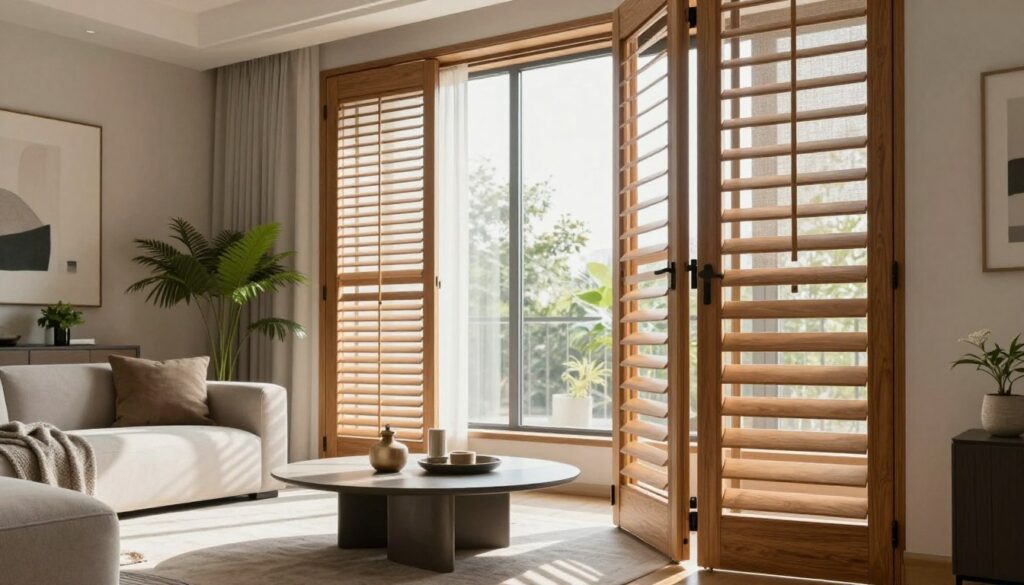 A modern living room featuring stylish wooden shutters and contemporary fabric blinds that allow for adjustable light control. In the foreground, showcase the sleek, textured shutters partially open, casting soft shadows onto a minimalist coffee table adorned with a few decorative elements. The middle ground includes a large window with natural light streaming in, highlighting the interplay of light and shadow created by the shutters. Surrounding the window, the room is decorated in neutral tones, with potted plants adding a touch of greenery. In the background, soft furnishings like a cozy couch and abstract artwork enhance the modern aesthetic. The scene is well-lit, capturing a calm, inviting atmosphere, photographed from a low angle to emphasize the elegance of the window treatments and their role in a contemporary home.