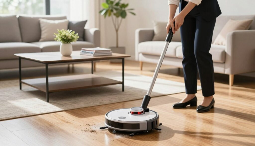 A modern living room showcasing a person in a professional business outfit diligently cleaning the floor with a high-tech robot vacuum cleaner. In the foreground, the robot efficiently glides across a polished wooden surface, picking up dust and debris. In the middle ground, there is a sleek, minimalist coffee table with a decorative plant and a stack of magazines, emphasizing an organized space. The background features a contemporary couch adorned with cushions and a large window allowing natural sunlight to flood in, creating a warm and inviting atmosphere. The lighting is bright and cheerful, capturing the essence of a clean, tidy home, preparing for guests. The angle is slightly elevated to encapsulate both the cleaning action and the inviting room ambiance. A modern living room showcasing a person in a professional business outfit diligently cleaning the floor with a high-tech robot vacuum cleaner. In the foreground, the robot efficiently glides across a polished wooden surface, picking up dust and debris. In the middle ground, there is a sleek, minimalist coffee table with a decorative plant and a stack of magazines, emphasizing an organized space. The background features a contemporary couch adorned with cushions and a large window allowing natural sunlight to flood in, creating a warm and inviting atmosphere. The lighting is bright and cheerful, capturing the essence of a clean, tidy home, preparing for guests. The angle is slightly elevated to encapsulate both the cleaning action and the inviting room ambiance.