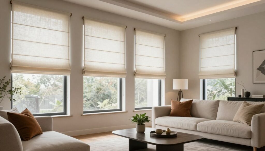A modern living room showcasing elegant roman shades in soft, neutral tones, gracefully drawn to reveal bright natural light streaming through large windows. The shades are made of light, airy fabric, perfectly aligning with contemporary decor. In the foreground, a plush, minimalist sofa adorned with colorful accent pillows complements the stylish window treatment. The middle ground features a tasteful coffee table with a small potted plant, and decorative items, all arranged for a harmonious look. The background displays a warm, inviting atmosphere, accentuated by soft, ambient lighting that enhances the textures of the furnishings. The room exudes a modern, fresh ambiance focused on sophistication and tranquility, ideal for a minimalist design aesthetic.