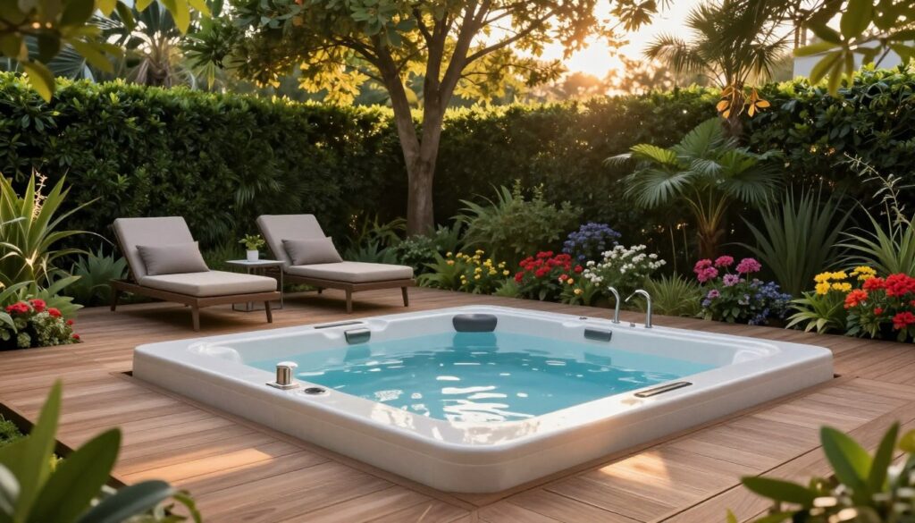 A modern outdoor space featuring an elegant jacuzzi, surrounded by lush greenery and vibrant flowers. In the foreground, the jacuzzi is set on a sleek wooden deck with soft, ambient lighting creating a tranquil atmosphere. The middle ground showcases stylish lounge chairs with plush cushions and a small, minimalist side table, perfect for relaxation. In the background, a tranquil garden with well-manicured hedges and tall trees filters dappled sunlight through the leaves. The overall scene is inviting and serene, evoking a sense of private relaxation. The angle captures the jacuzzi from a slightly elevated perspective, allowing for a comprehensive view of the entire setting, enhanced by a warm, golden hour light. A modern outdoor space featuring an elegant jacuzzi, surrounded by lush greenery and vibrant flowers. In the foreground, the jacuzzi is set on a sleek wooden deck with soft, ambient lighting creating a tranquil atmosphere. The middle ground showcases stylish lounge chairs with plush cushions and a small, minimalist side table, perfect for relaxation. In the background, a tranquil garden with well-manicured hedges and tall trees filters dappled sunlight through the leaves. The overall scene is inviting and serene, evoking a sense of private relaxation. The angle captures the jacuzzi from a slightly elevated perspective, allowing for a comprehensive view of the entire setting, enhanced by a warm, golden hour light.