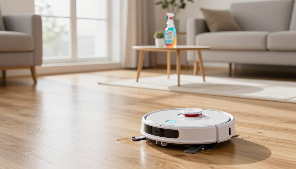 A modern robotic mop gliding across a stylish, spotless hardwood floor in a well-lit, contemporary living room. The foreground features the robotic mop, showcasing its sleek design with advanced sensors and LED indicators. In the middle ground, a colorful bottle of cleaning solution rests on a small table, emphasizing the importance of safe cleaning practices. The background reveals large windows allowing soft, natural light to flood the space, illuminating the mopped area. The atmosphere is fresh and inviting, highlighting the cleanliness achieved by using the right cleaning solutions. The scene captures a sense of tranquility and order, ideal for demonstrating effective cleaning techniques. A modern robotic mop gliding across a stylish, spotless hardwood floor in a well-lit, contemporary living room. The foreground features the robotic mop, showcasing its sleek design with advanced sensors and LED indicators. In the middle ground, a colorful bottle of cleaning solution rests on a small table, emphasizing the importance of safe cleaning practices. The background reveals large windows allowing soft, natural light to flood the space, illuminating the mopped area. The atmosphere is fresh and inviting, highlighting the cleanliness achieved by using the right cleaning solutions. The scene captures a sense of tranquility and order, ideal for demonstrating effective cleaning techniques.