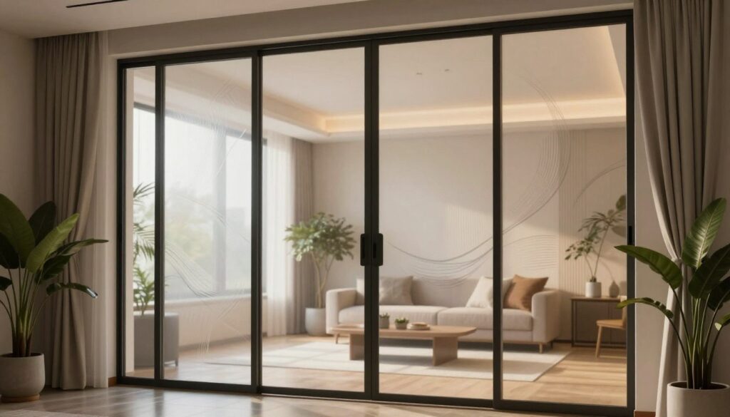 A modern, serene interior featuring elegant window films applied to a set of stylish room doors, emphasizing privacy and aesthetic appeal. In the foreground, the translucent films have artistic patterns reflecting light gently. The middle section shows the room with soft, natural lighting filtering through the films, illuminating the space with a warm glow. Subtle decorative elements, like potted plants and tasteful curtains, surround the doors, enhancing the atmosphere of tranquility. In the background, an inviting living space is visible, showcasing minimalist decor that complements the overall theme of privacy and beauty. The image should evoke a sense of calm and sophistication, captured from a slightly elevated angle to encompass both the doors and the stylish interior. A modern, serene interior featuring elegant window films applied to a set of stylish room doors, emphasizing privacy and aesthetic appeal. In the foreground, the translucent films have artistic patterns reflecting light gently. The middle section shows the room with soft, natural lighting filtering through the films, illuminating the space with a warm glow. Subtle decorative elements, like potted plants and tasteful curtains, surround the doors, enhancing the atmosphere of tranquility. In the background, an inviting living space is visible, showcasing minimalist decor that complements the overall theme of privacy and beauty. The image should evoke a sense of calm and sophistication, captured from a slightly elevated angle to encompass both the doors and the stylish interior.