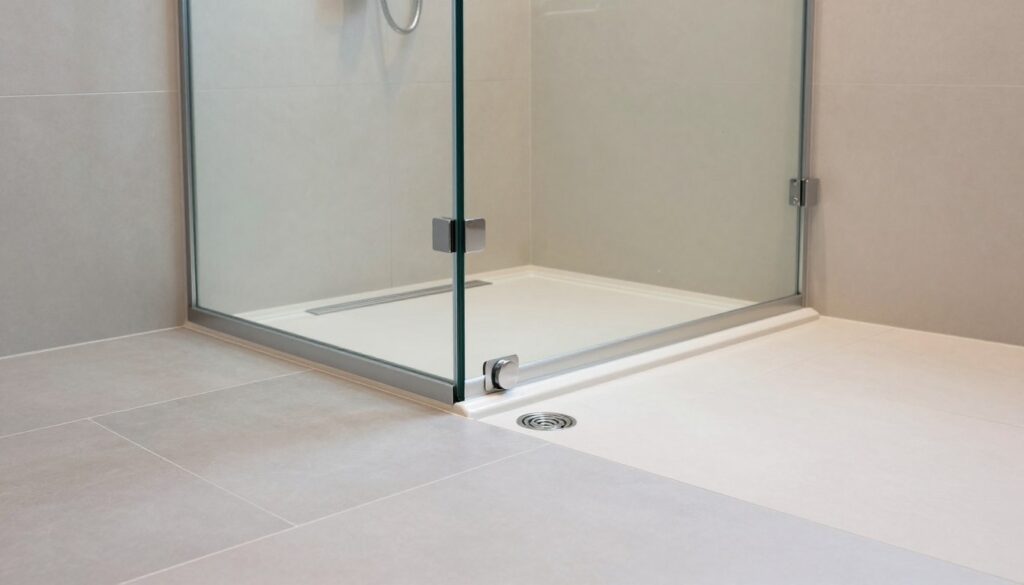 A modern shower area featuring a well-planned drainage slope, designed to ensure efficient water flow. In the foreground, showcase a sleek, tiled shower floor with a slight slope directing towards a centrally placed drain. The tiles are a mix of light gray and white, creating a clean aesthetic. In the middle, depict a minimalist glass shower enclosure, with chrome fixtures reflecting soft, natural light. The background showcases a warmly lit bathroom wall with subtle textures, enhancing the tranquility of the space. The atmosphere is calm and functional, illustrating the importance of planning in creating an effective shower environment. Use soft, diffused lighting to evoke a sense of cleanliness and serenity. A modern shower area featuring a well-planned drainage slope, designed to ensure efficient water flow. In the foreground, showcase a sleek, tiled shower floor with a slight slope directing towards a centrally placed drain. The tiles are a mix of light gray and white, creating a clean aesthetic. In the middle, depict a minimalist glass shower enclosure, with chrome fixtures reflecting soft, natural light. The background showcases a warmly lit bathroom wall with subtle textures, enhancing the tranquility of the space. The atmosphere is calm and functional, illustrating the importance of planning in creating an effective shower environment. Use soft, diffused lighting to evoke a sense of cleanliness and serenity.
