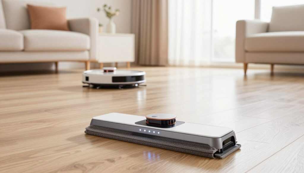 A modern, sleek cleaning panel, designed for maintaining laminate flooring, prominently displayed in the foreground. The panel showcases advanced features such as LED indicators and ergonomic grips, capturing a sense of innovation. In the middle ground, a sophisticated robot vacuum glides smoothly across a shiny laminate floor, reflecting soft, ambient lighting. The background features a bright, contemporary living room with minimalist decor, soft pastel colors, and natural light streaming through large windows, creating an inviting atmosphere. The overall mood is one of cleanliness and efficiency, perfect for illustrating modern care solutions for laminate flooring, showcasing how technology enhances home maintenance in a stylish setting. A modern, sleek cleaning panel, designed for maintaining laminate flooring, prominently displayed in the foreground. The panel showcases advanced features such as LED indicators and ergonomic grips, capturing a sense of innovation. In the middle ground, a sophisticated robot vacuum glides smoothly across a shiny laminate floor, reflecting soft, ambient lighting. The background features a bright, contemporary living room with minimalist decor, soft pastel colors, and natural light streaming through large windows, creating an inviting atmosphere. The overall mood is one of cleanliness and efficiency, perfect for illustrating modern care solutions for laminate flooring, showcasing how technology enhances home maintenance in a stylish setting.