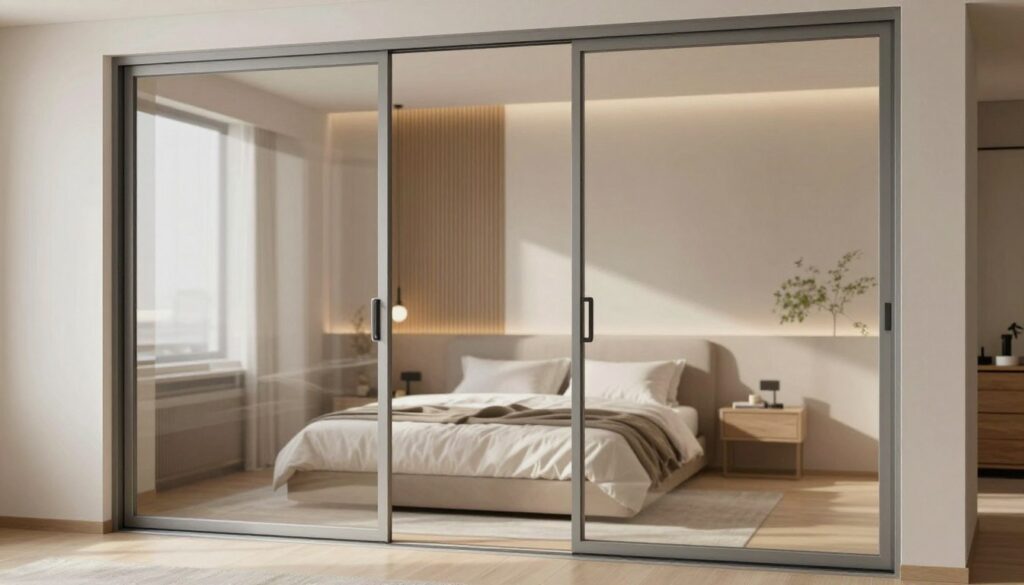 A modern sliding door system, featuring sleek glass panels with a minimalist metal frame, set in a contemporary bedroom environment. The foreground showcases the transparent sliding doors partially open, allowing a glimpse into a beautifully designed room adorned with soft, neutral tones and natural wood accents. In the middle ground, a stylish bed with elegant bedding complements the sliding door design, creating an inviting atmosphere. The background includes soft ambient lighting that filters through the glass, casting gentle reflections and shadows across the room. The overall mood is tranquil and airy, emphasizing privacy and seamless flow between spaces, perfect for a serene sleeping area. Captured from a slightly elevated angle to highlight the door's functionality and aesthetic appeal. A modern sliding door system, featuring sleek glass panels with a minimalist metal frame, set in a contemporary bedroom environment. The foreground showcases the transparent sliding doors partially open, allowing a glimpse into a beautifully designed room adorned with soft, neutral tones and natural wood accents. In the middle ground, a stylish bed with elegant bedding complements the sliding door design, creating an inviting atmosphere. The background includes soft ambient lighting that filters through the glass, casting gentle reflections and shadows across the room. The overall mood is tranquil and airy, emphasizing privacy and seamless flow between spaces, perfect for a serene sleeping area. Captured from a slightly elevated angle to highlight the door's functionality and aesthetic appeal.