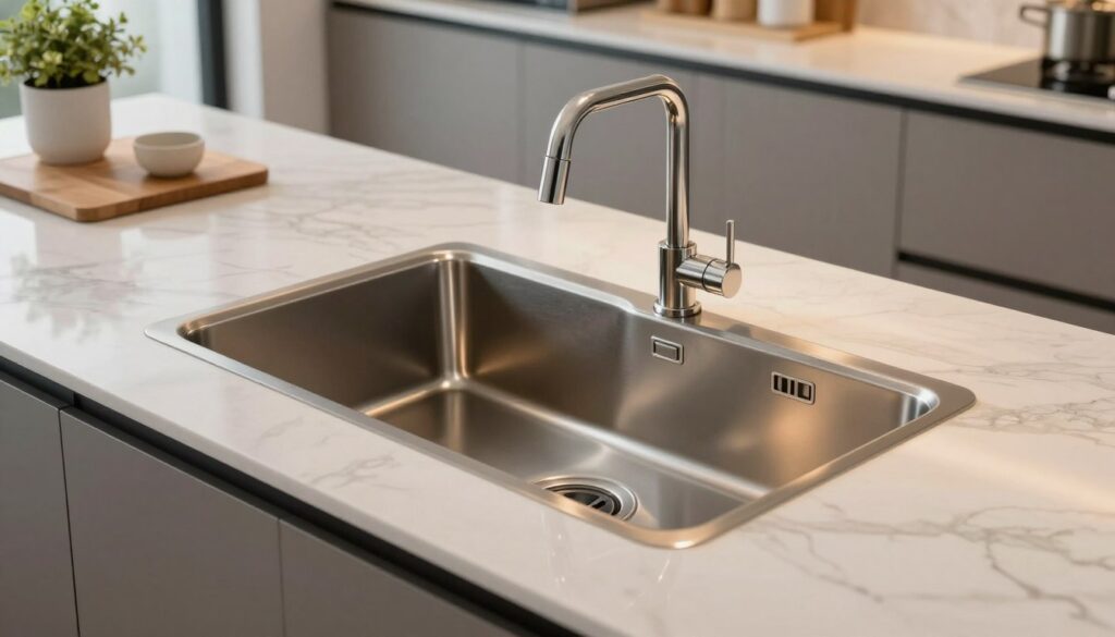 A modern, stylish kitchen featuring an undermount sink seamlessly integrated into a sleek countertop. The foreground showcases the gleaming, stainless steel sink, glistening under warm, ambient lighting that highlights its polished surface. In the middle ground, a smooth, elegant marble countertop with subtle grey veining complements the sink, adorned with minimalistic kitchen utensils, like a cutting board and a decorative plant. The background reveals soft-focus cabinetry in neutral tones, enhancing the contemporary feel. The scene is bright and inviting, conveying an atmosphere of cleanliness and sophistication. Capture this image from a slightly elevated angle to emphasize the harmony of the sink with the countertop, ensuring no distractions or clutter in the scene. A modern, stylish kitchen featuring an undermount sink seamlessly integrated into a sleek countertop. The foreground showcases the gleaming, stainless steel sink, glistening under warm, ambient lighting that highlights its polished surface. In the middle ground, a smooth, elegant marble countertop with subtle grey veining complements the sink, adorned with minimalistic kitchen utensils, like a cutting board and a decorative plant. The background reveals soft-focus cabinetry in neutral tones, enhancing the contemporary feel. The scene is bright and inviting, conveying an atmosphere of cleanliness and sophistication. Capture this image from a slightly elevated angle to emphasize the harmony of the sink with the countertop, ensuring no distractions or clutter in the scene.