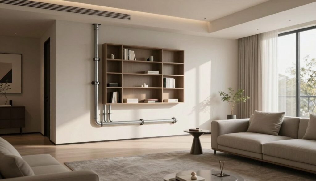 A modern, stylish living room showcasing cleverly concealed pipes on the wall. In the foreground, a tasteful piece of furniture like a sleek sofa and a small, decorative table create a cozy atmosphere. The middle section features a wall with hidden plumbing pipes creatively integrated into a decorative panel or bookshelf design, with a minimalist aesthetic. In the background, soft natural light streams in through large windows, casting gentle shadows. The color palette is neutral with warm accents, promoting a calm and inviting feel. The room is devoid of any clutter and has a contemporary art piece to enhance the elegant decor while keeping the focus on the hidden plumbing solution. A wide-angle lens captures the entire room, emphasizing space and organization.