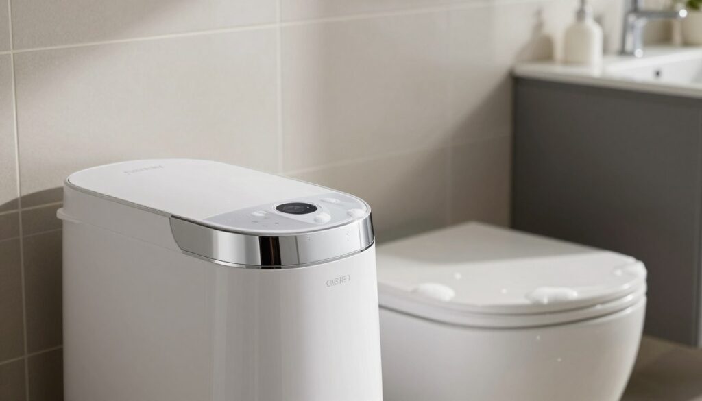 A modern water softener prominently displayed in a stylish bathroom. The foreground features the sleek design of the water softener with glossy white and chrome finishes, highlighting its advanced technology. In the middle ground, several ceramic tiles are visible, showcasing a shiny, clean surface free of soap scum and buildup, demonstrating the effectiveness of the water softener. The background includes a softly lit bathroom scene with subtle hues of beige and gray, creating a calming atmosphere. Use natural lighting that gently illuminates the scene, casting soft shadows, and create a sense of cleanliness and modernity. The image should evoke a mood of sophistication and innovation, emphasizing the benefits of contemporary water softening technology. A modern water softener prominently displayed in a stylish bathroom. The foreground features the sleek design of the water softener with glossy white and chrome finishes, highlighting its advanced technology. In the middle ground, several ceramic tiles are visible, showcasing a shiny, clean surface free of soap scum and buildup, demonstrating the effectiveness of the water softener. The background includes a softly lit bathroom scene with subtle hues of beige and gray, creating a calming atmosphere. Use natural lighting that gently illuminates the scene, casting soft shadows, and create a sense of cleanliness and modernity. The image should evoke a mood of sophistication and innovation, emphasizing the benefits of contemporary water softening technology.