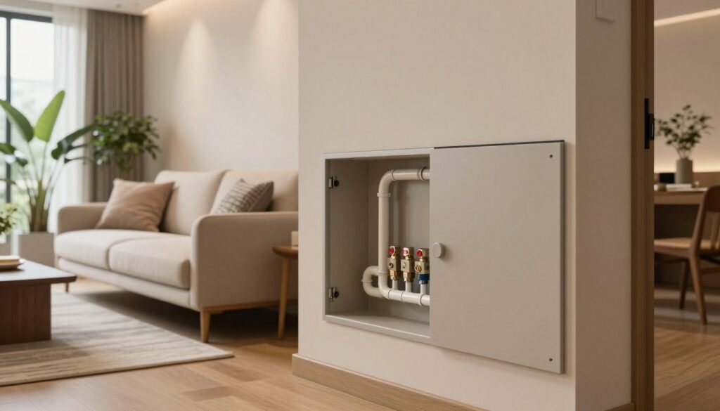 A modern, well-designed wall panel with hidden access doors for plumbing pipes, situated in a stylish living room. In the foreground, the panel reveals neatly organized pipes and valves, emphasizing accessibility for maintenance. The middle ground features a cozy, minimalistic sofa with decorative cushions, enhancing the room's aesthetic. The background showcases a soft, ambient light filtering through a large window, providing a warm and inviting atmosphere. A tasteful arrangement of indoor plants adds a touch of greenery. The overall mood is functional yet elegant, highlighting the importance of easy access to installations without compromising interior design. Shot with a wide-angle lens to capture both the panel and the serene environment, ensuring a balanced composition.