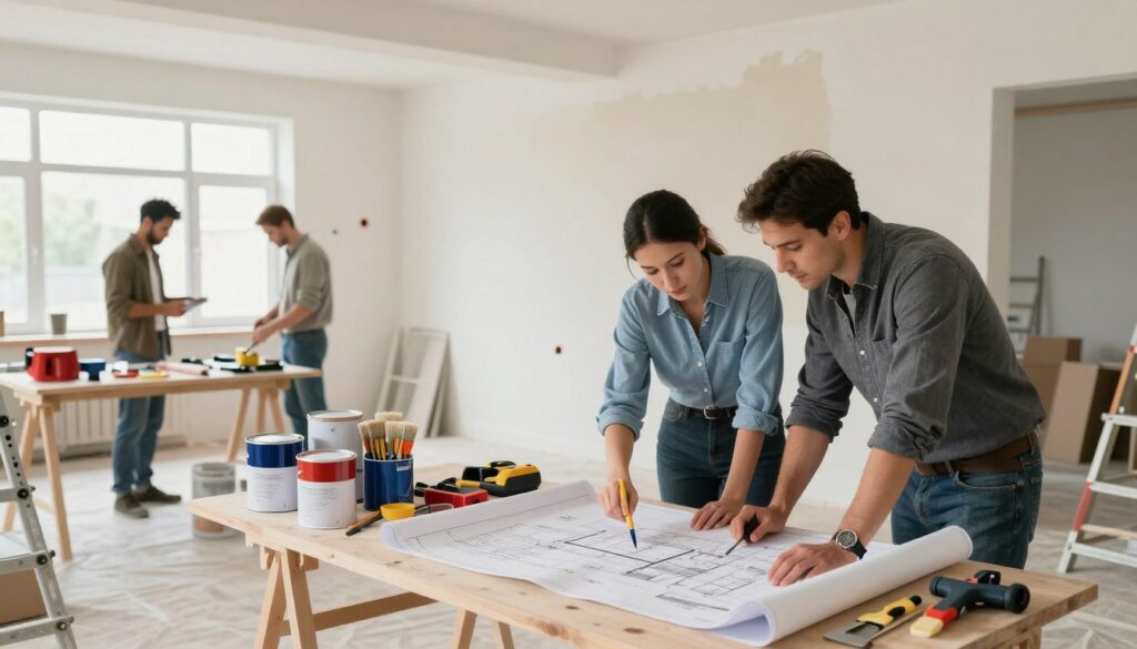 A modern, well-lit apartment interior, showcasing an organized workspace where a professional team is preparing for renovation. In the foreground, a couple of skilled workers in business casual attire are discussing plans over blueprints on a large table. The middle ground features an array of tools and materials neatly arranged, including paint cans, brushes, and construction equipment. The background displays a partially renovated room with a fresh coat of paint on the walls, scaffolding, and protective coverings on the floor. Soft, natural lighting floods through large windows, creating an atmosphere of collaboration and enthusiasm. The composition conveys a sense of professionalism, readiness, and attention to detail, setting the stage for a successful renovation project. A modern, well-lit apartment interior, showcasing an organized workspace where a professional team is preparing for renovation. In the foreground, a couple of skilled workers in business casual attire are discussing plans over blueprints on a large table. The middle ground features an array of tools and materials neatly arranged, including paint cans, brushes, and construction equipment. The background displays a partially renovated room with a fresh coat of paint on the walls, scaffolding, and protective coverings on the floor. Soft, natural lighting floods through large windows, creating an atmosphere of collaboration and enthusiasm. The composition conveys a sense of professionalism, readiness, and attention to detail, setting the stage for a successful renovation project.