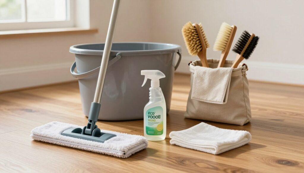 A neatly arranged set of floor care accessories displayed on a polished wooden surface. In the foreground, include a high-quality microfiber mop with a detachable head, a bottle of eco-friendly wood cleaner, and a dusting cloth showcasing a gentle sheen. The middle ground should feature a sleek, modern bucket and a cloth bag containing various brushes, each designed for different types of wood finishes. The background depicts a softly lit room with warm tones, highlighting the natural grain of the wooden floor. The light comes from a nearby window, casting a gentle glow to create an inviting and serene atmosphere. The composition should feel fresh and organized, emphasizing the importance of choosing the right tools for floor maintenance. A neatly arranged set of floor care accessories displayed on a polished wooden surface. In the foreground, include a high-quality microfiber mop with a detachable head, a bottle of eco-friendly wood cleaner, and a dusting cloth showcasing a gentle sheen. The middle ground should feature a sleek, modern bucket and a cloth bag containing various brushes, each designed for different types of wood finishes. The background depicts a softly lit room with warm tones, highlighting the natural grain of the wooden floor. The light comes from a nearby window, casting a gentle glow to create an inviting and serene atmosphere. The composition should feel fresh and organized, emphasizing the importance of choosing the right tools for floor maintenance.