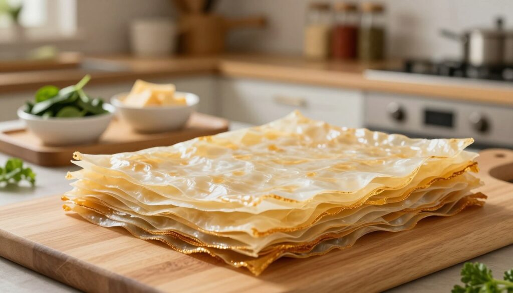 A neatly arranged stack of translucent filo pastry sheets, showcasing their delicate, paper-thin texture, is displayed prominently in the foreground. Each layer has a slight sheen, glistening in soft, warm kitchen lighting that highlights the pastry's golden edges. In the middle ground, a lightly colored wooden cutting board rests, where small bowls of ingredients like spinach, cheese, and herbs are artistically placed, adding a touch of color and context. The background features a cozy kitchen setting, with shelves adorned with spices and cooking utensils, enhancing the welcoming atmosphere. The scene is captured with a shallow depth of field, blurring the background slightly, focusing on the intricate details of the filo sheets and ingredients. The overall mood is inviting and warm, evoking a sense of home cooking and culinary creativity. A neatly arranged stack of translucent filo pastry sheets, showcasing their delicate, paper-thin texture, is displayed prominently in the foreground. Each layer has a slight sheen, glistening in soft, warm kitchen lighting that highlights the pastry's golden edges. In the middle ground, a lightly colored wooden cutting board rests, where small bowls of ingredients like spinach, cheese, and herbs are artistically placed, adding a touch of color and context. The background features a cozy kitchen setting, with shelves adorned with spices and cooking utensils, enhancing the welcoming atmosphere. The scene is captured with a shallow depth of field, blurring the background slightly, focusing on the intricate details of the filo sheets and ingredients. The overall mood is inviting and warm, evoking a sense of home cooking and culinary creativity.