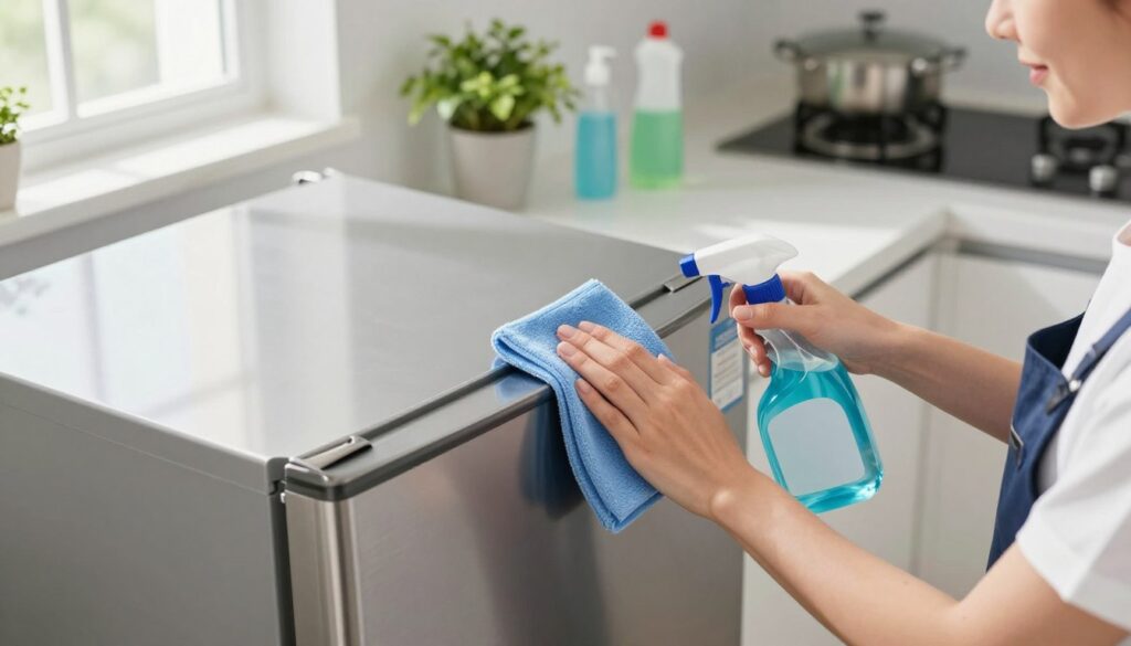 A neatly organized kitchen scene featuring a modern refrigerator being cleaned from the outside. In the foreground, a person in professional attire uses an eco-friendly cleaning solution and a microfiber cloth to wipe the stainless steel surface, reflecting a bright and inviting atmosphere. The kitchen counters are clutter-free, with a few potted plants and cleaning supplies elegantly placed in the background. Soft, natural light enters through a nearby window, casting gentle shadows and enhancing the cleanliness of the space. The angle is slightly from above, capturing both the refrigerator and the cleaner's focused expression. This image emphasizes cleanliness and hygiene, creating a positive mood for maintaining an immaculate kitchen environment. A neatly organized kitchen scene featuring a modern refrigerator being cleaned from the outside. In the foreground, a person in professional attire uses an eco-friendly cleaning solution and a microfiber cloth to wipe the stainless steel surface, reflecting a bright and inviting atmosphere. The kitchen counters are clutter-free, with a few potted plants and cleaning supplies elegantly placed in the background. Soft, natural light enters through a nearby window, casting gentle shadows and enhancing the cleanliness of the space. The angle is slightly from above, capturing both the refrigerator and the cleaner's focused expression. This image emphasizes cleanliness and hygiene, creating a positive mood for maintaining an immaculate kitchen environment.