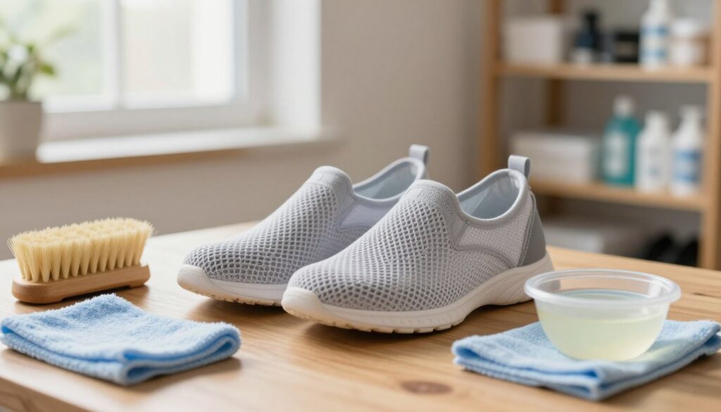 A pair of clean, well-maintained shoes made from mesh materials is centered in a bright, organized workspace. In the foreground, there are brushes, a soft cloth, and a bowl of gentle cleaning solution, all arranged neatly for ease of access. The shoes are slightly elevated on a wooden surface, with one shoe tilted to showcase its intricate mesh details. Soft, diffused natural light filters in from a window, creating a warm and inviting atmosphere. The background features a blurred glimpse of shelves stocked with shoe care products and tools, emphasizing an organized and professional setting. The overall mood conveys preparation and care, perfect for illustrating the best practices for safely cleaning delicate footwear. A pair of clean, well-maintained shoes made from mesh materials is centered in a bright, organized workspace. In the foreground, there are brushes, a soft cloth, and a bowl of gentle cleaning solution, all arranged neatly for ease of access. The shoes are slightly elevated on a wooden surface, with one shoe tilted to showcase its intricate mesh details. Soft, diffused natural light filters in from a window, creating a warm and inviting atmosphere. The background features a blurred glimpse of shelves stocked with shoe care products and tools, emphasizing an organized and professional setting. The overall mood conveys preparation and care, perfect for illustrating the best practices for safely cleaning delicate footwear.