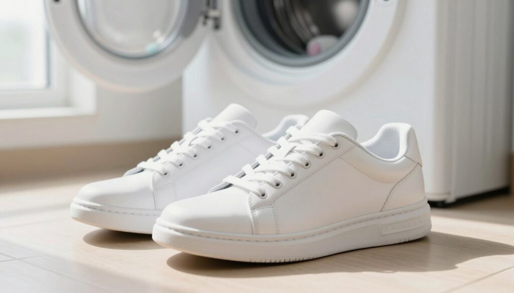 A pair of pristine white sneakers, freshly cleaned and gleaming, are the focal point of the image. The sneakers, showcasing their smooth leather and textured fabric, are placed on a light-colored surface, perhaps a wooden table or tiled floor, to enhance their brightness. In the background, a washing machine is subtly visible, open with a few hints of detergent and fabric softener, signifying the idea of machine washing. Soft, natural lighting streams in from a nearby window, creating gentle shadows that emphasize the shoes' details. The atmosphere feels fresh and invigorating, reflecting the theme of cleanliness and renewal, suitable for an article discussing the best methods to clean white shoes. A pair of pristine white sneakers, freshly cleaned and gleaming, are the focal point of the image. The sneakers, showcasing their smooth leather and textured fabric, are placed on a light-colored surface, perhaps a wooden table or tiled floor, to enhance their brightness. In the background, a washing machine is subtly visible, open with a few hints of detergent and fabric softener, signifying the idea of machine washing. Soft, natural lighting streams in from a nearby window, creating gentle shadows that emphasize the shoes' details. The atmosphere feels fresh and invigorating, reflecting the theme of cleanliness and renewal, suitable for an article discussing the best methods to clean white shoes.