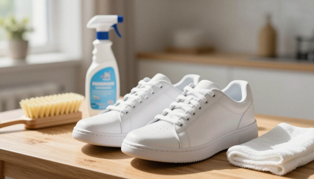 A pair of pristine white sneakers placed on a wooden table, surrounded by various cleaning supplies like brushes, sprays, and a microfiber cloth. In the foreground, the focus is on the shoes, reflecting sunlight to emphasize their bright color. The middle ground features a bottle labeled for waterproofing spray, hinting at the topic of impregnation for protection. In the background, a blurred and cozy home setting can be seen, with soft, natural light filtering through a window, casting gentle shadows. The atmosphere is fresh and inviting, showcasing the importance of maintaining the shoes' new appearance, with an emphasis on the concept of longevity and care. A pair of pristine white sneakers placed on a wooden table, surrounded by various cleaning supplies like brushes, sprays, and a microfiber cloth. In the foreground, the focus is on the shoes, reflecting sunlight to emphasize their bright color. The middle ground features a bottle labeled for waterproofing spray, hinting at the topic of impregnation for protection. In the background, a blurred and cozy home setting can be seen, with soft, natural light filtering through a window, casting gentle shadows. The atmosphere is fresh and inviting, showcasing the importance of maintaining the shoes' new appearance, with an emphasis on the concept of longevity and care.