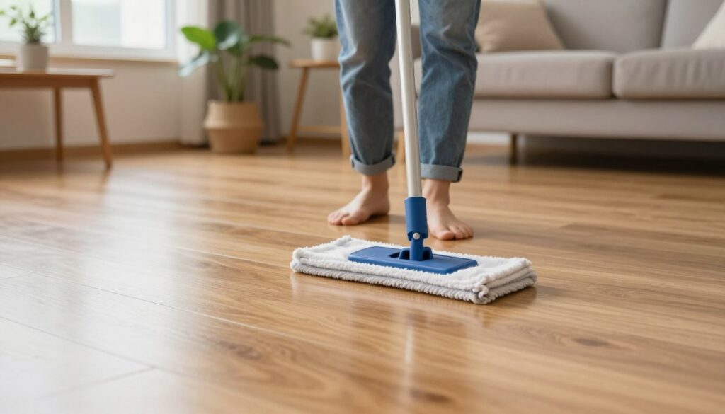 A person in modest casual clothing is gently cleaning a shiny laminate floor with a microfiber mop. The foreground shows the mop gliding smoothly across the surface, leaving no streaks behind. In the middle, there are reflections of soft, natural light coming from a nearby window, illuminating the warm tones of the wood-like panels. In the background, a cozy, modern living room setting is visible, with indoor plants and minimalistic furniture, creating a welcoming atmosphere. The image captures the essence of cleanliness and care, emphasizing the importance of maintaining floor surfaces without damaging their edges or leaving streaks, with a focus on the interaction between the cleaning tool and the floor. A person in modest casual clothing is gently cleaning a shiny laminate floor with a microfiber mop. The foreground shows the mop gliding smoothly across the surface, leaving no streaks behind. In the middle, there are reflections of soft, natural light coming from a nearby window, illuminating the warm tones of the wood-like panels. In the background, a cozy, modern living room setting is visible, with indoor plants and minimalistic furniture, creating a welcoming atmosphere. The image captures the essence of cleanliness and care, emphasizing the importance of maintaining floor surfaces without damaging their edges or leaving streaks, with a focus on the interaction between the cleaning tool and the floor.