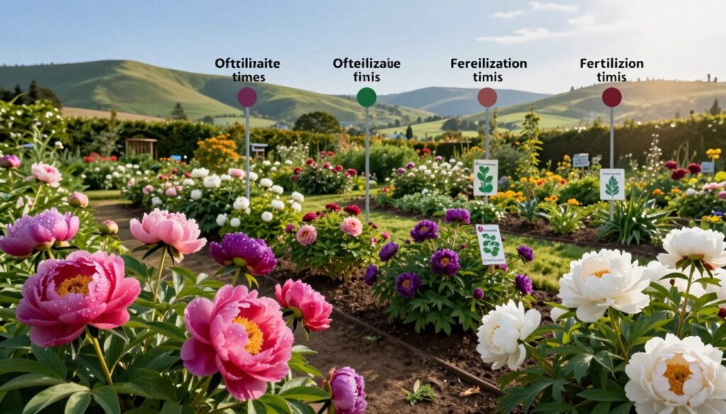 A picturesque garden scene depicting the optimal fertilizing times throughout the annual cycle for peonies. In the foreground, vibrant peonies in full bloom showcase their rich colors—deep pinks, purples, and whites—with raindrops glistening on their petals. The middle ground features a manicured garden bed with a variety of soil types and sections labeled with visually appealing plant markers. In the background, a sun-drenched landscape of rolling hills under a clear blue sky emphasizes the beauty of seasonal change. Soft, warm lighting casts gentle shadows, enhancing the inviting atmosphere of the garden. The composition captures a sense of natural harmony and growth, ideal for illustrating a section on optimal fertilization timings. A picturesque garden scene depicting the optimal fertilizing times throughout the annual cycle for peonies. In the foreground, vibrant peonies in full bloom showcase their rich colors—deep pinks, purples, and whites—with raindrops glistening on their petals. The middle ground features a manicured garden bed with a variety of soil types and sections labeled with visually appealing plant markers. In the background, a sun-drenched landscape of rolling hills under a clear blue sky emphasizes the beauty of seasonal change. Soft, warm lighting casts gentle shadows, enhancing the inviting atmosphere of the garden. The composition captures a sense of natural harmony and growth, ideal for illustrating a section on optimal fertilization timings.
