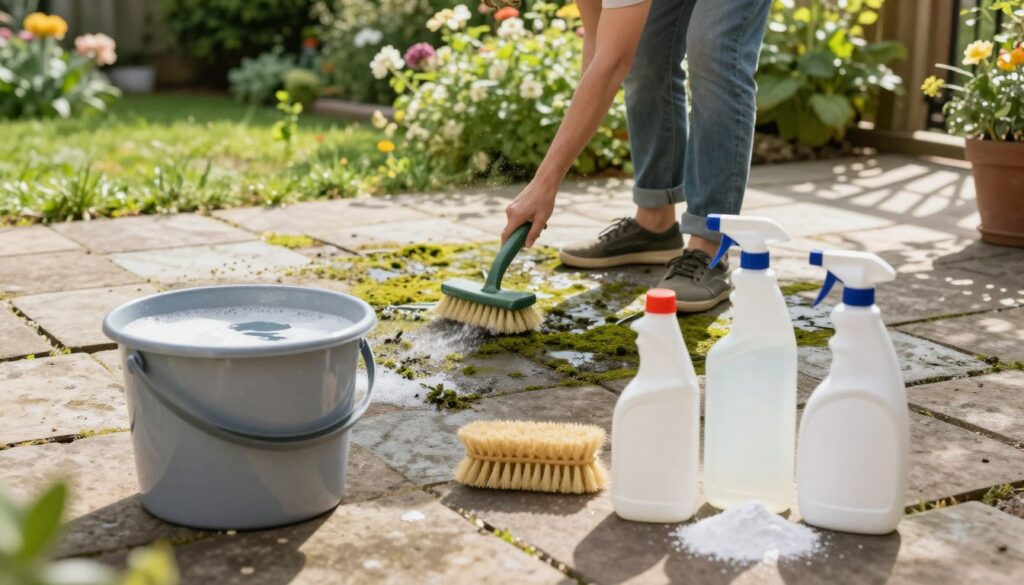 A picturesque outdoor setting featuring a rustic stone patio with interlocking paving stones. In the foreground, a diverse array of homemade cleaning supplies is arranged, including a bucket of soapy water, a natural bristle brush, white vinegar, and baking soda, all energetically ready for use. The middle ground features a person, dressed in modest casual clothing, actively scrubbing a section of the patio with visible green moss and winter grime being lifted away. The background displays a lush garden with vibrant greenery and blooming flowers, enhancing the serene atmosphere. Soft, natural sunlight filters through the leaves, casting gentle shadows on the ground, suggesting a bright, cheerful day. The overall mood is inviting and productive, capturing the essence of effective home cleaning methods. A picturesque outdoor setting featuring a rustic stone patio with interlocking paving stones. In the foreground, a diverse array of homemade cleaning supplies is arranged, including a bucket of soapy water, a natural bristle brush, white vinegar, and baking soda, all energetically ready for use. The middle ground features a person, dressed in modest casual clothing, actively scrubbing a section of the patio with visible green moss and winter grime being lifted away. The background displays a lush garden with vibrant greenery and blooming flowers, enhancing the serene atmosphere. Soft, natural sunlight filters through the leaves, casting gentle shadows on the ground, suggesting a bright, cheerful day. The overall mood is inviting and productive, capturing the essence of effective home cleaning methods.