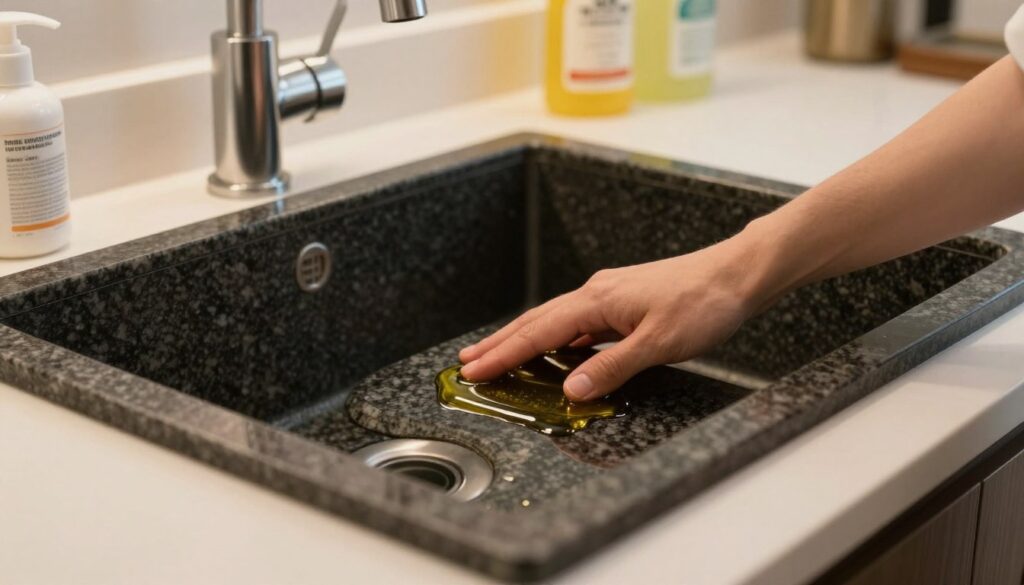 A pristine granite sink being expertly treated with oil for effective impregnation. In the foreground, a hand gently applies a rich, glistening oil to the surface of the dark granite, highlighting its natural texture and shine. The middle ground features the sink surrounded by a tidy countertop adorned with cleaning supplies, emphasizing a clean and organized environment. In the background, soft, warm lighting creates an inviting atmosphere, showcasing the elegance of the kitchen space. The focus should be on the careful application of the oil, with a slight downward angle to capture the sink's depth and the richness of the granite. The overall mood conveys professionalism and care in maintaining the integrity of the granite surface. A pristine granite sink being expertly treated with oil for effective impregnation. In the foreground, a hand gently applies a rich, glistening oil to the surface of the dark granite, highlighting its natural texture and shine. The middle ground features the sink surrounded by a tidy countertop adorned with cleaning supplies, emphasizing a clean and organized environment. In the background, soft, warm lighting creates an inviting atmosphere, showcasing the elegance of the kitchen space. The focus should be on the careful application of the oil, with a slight downward angle to capture the sink's depth and the richness of the granite. The overall mood conveys professionalism and care in maintaining the integrity of the granite surface.