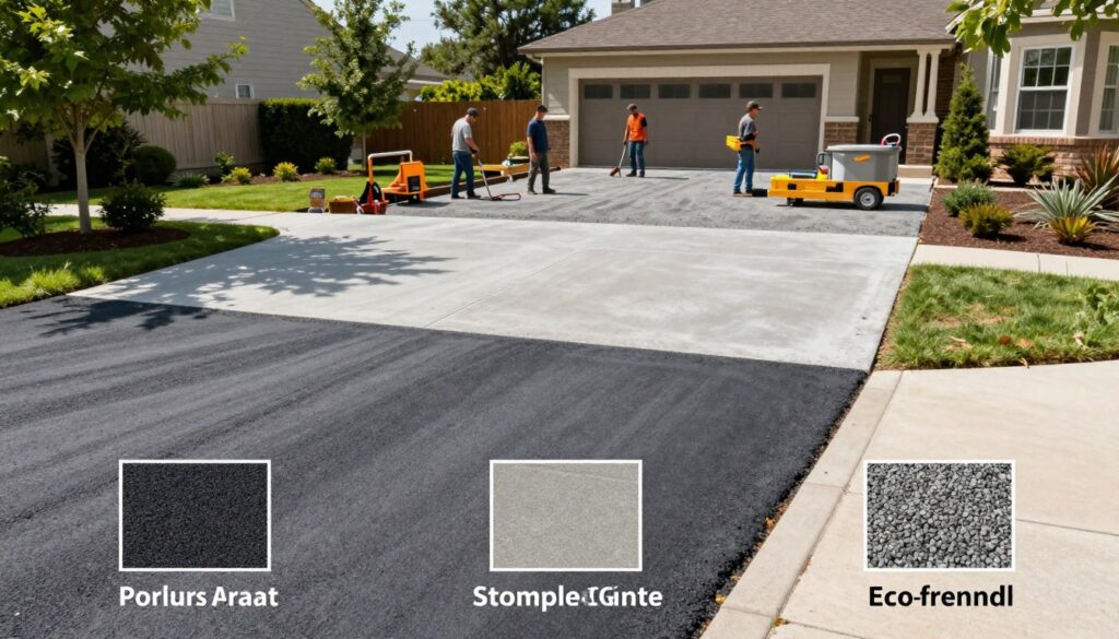 A professional comparison of various driveway surfaces, showcasing cost-effective options for a durable installation. In the foreground, display a detailed breakdown of materials like porous asphalt, stamped concrete, and eco-friendly gravel, each in small sample patches. In the middle ground, illustrate a partially constructed driveway, with construction tools and workmen in modest casual clothing actively engaged in the installation process, emphasizing teamwork and professionalism. In the background, depict a residential setting with a cozy home, lush greenery, and clear skies, creating a welcoming atmosphere. Use natural daylight to cast soft shadows, enhancing texture and depth. Focus on a slightly elevated angle to capture the breadth of the scene and the comparisons clearly. A professional comparison of various driveway surfaces, showcasing cost-effective options for a durable installation. In the foreground, display a detailed breakdown of materials like porous asphalt, stamped concrete, and eco-friendly gravel, each in small sample patches. In the middle ground, illustrate a partially constructed driveway, with construction tools and workmen in modest casual clothing actively engaged in the installation process, emphasizing teamwork and professionalism. In the background, depict a residential setting with a cozy home, lush greenery, and clear skies, creating a welcoming atmosphere. Use natural daylight to cast soft shadows, enhancing texture and depth. Focus on a slightly elevated angle to capture the breadth of the scene and the comparisons clearly.