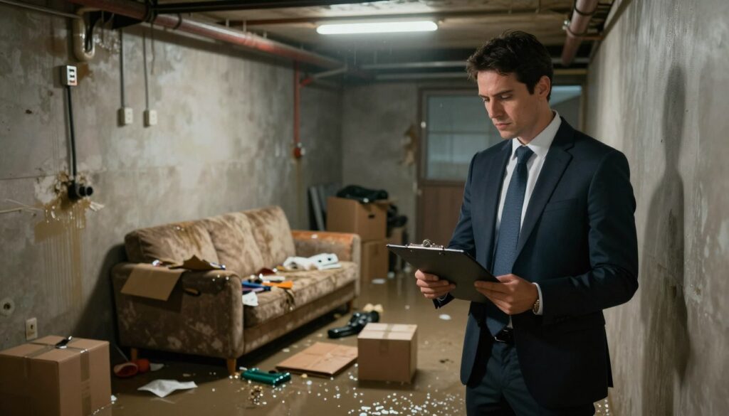 A professional setting depicting a flooded basement. In the foreground, a serious-looking insurance adjuster in a tailored business suit examines water-damaged walls and furniture with a clipboard in hand. The middle-ground features soaked items like cardboard boxes, a distressed sofa, and scattered belongings, with water pooling on the floor. In the background, a dimly lit, cluttered basement with exposed pipes and electrical outlets. Soft, diffused lighting simulates a gloomy atmosphere, casting shadows that highlight the extent of the damage. The angle captures both the adjuster’s focused expression and the chaotic state of the environment, emphasizing the urgency and necessity of assessing flood damage for a cost estimate. A professional setting depicting a flooded basement. In the foreground, a serious-looking insurance adjuster in a tailored business suit examines water-damaged walls and furniture with a clipboard in hand. The middle-ground features soaked items like cardboard boxes, a distressed sofa, and scattered belongings, with water pooling on the floor. In the background, a dimly lit, cluttered basement with exposed pipes and electrical outlets. Soft, diffused lighting simulates a gloomy atmosphere, casting shadows that highlight the extent of the damage. The angle captures both the adjuster’s focused expression and the chaotic state of the environment, emphasizing the urgency and necessity of assessing flood damage for a cost estimate.
