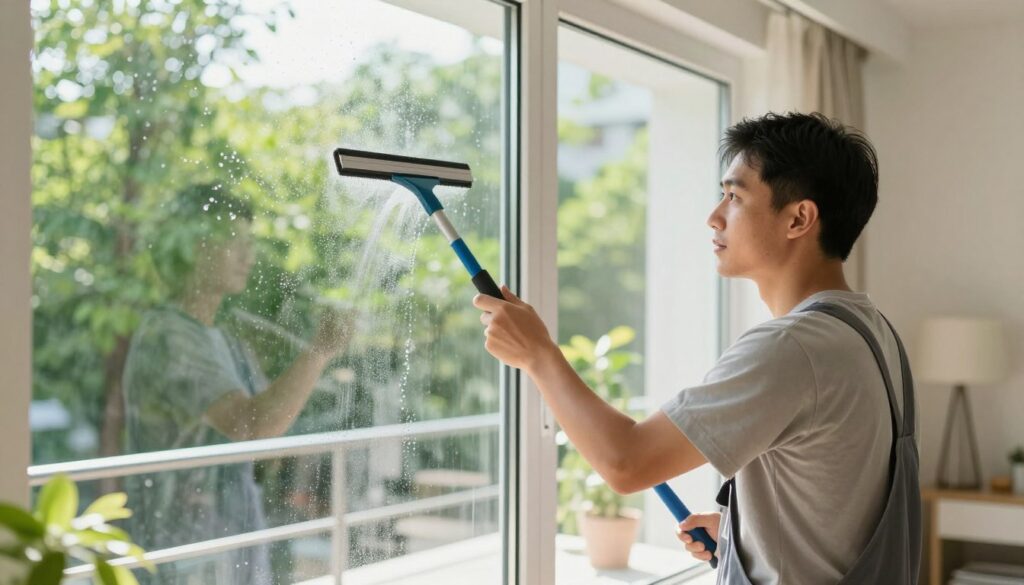 A professional window cleaner in modest casual clothing is carefully cleaning a large glass window in a bright, sunlit room. The foreground features the cleaner using a squeegee, displaying proper technique to avoid streaking, with droplets of water shimmering on the glass surface. In the middle ground, the reflection of vibrant green trees can be seen through the window, emphasizing the clarity desired. The background softly blurs into a tidy living space filled with natural light, creating a warm and inviting atmosphere. The lighting is bright and cheerful, accentuating the cleanliness of the glass and highlighting the importance of attention to detail in window maintenance. A professional window cleaner in modest casual clothing is carefully cleaning a large glass window in a bright, sunlit room. The foreground features the cleaner using a squeegee, displaying proper technique to avoid streaking, with droplets of water shimmering on the glass surface. In the middle ground, the reflection of vibrant green trees can be seen through the window, emphasizing the clarity desired. The background softly blurs into a tidy living space filled with natural light, creating a warm and inviting atmosphere. The lighting is bright and cheerful, accentuating the cleanliness of the glass and highlighting the importance of attention to detail in window maintenance.