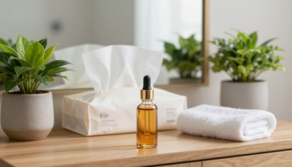 A serene and inviting skincare setting showcasing a variety of face serums arranged elegantly on a wooden vanity. In the foreground, a glass dropper bottle of a hydrating serum, its amber liquid glistening under soft natural lighting, emphasizes clarity and freshness. Two vibrant plants in ceramic pots flank the vanity, adding a touch of green that symbolizes vitality and nature. In the middle ground, an aesthetically arranged collection of facial tissues and a soft, white towel create a sense of comfort and care. The background features a softly blurred mirror reflection, hinting at a tranquil bathroom ambiance. The scene conveys a mood of personalization and self-care, inspiring the viewer to find the perfect serum tailored to their skin's unique needs. A serene and inviting skincare setting showcasing a variety of face serums arranged elegantly on a wooden vanity. In the foreground, a glass dropper bottle of a hydrating serum, its amber liquid glistening under soft natural lighting, emphasizes clarity and freshness. Two vibrant plants in ceramic pots flank the vanity, adding a touch of green that symbolizes vitality and nature. In the middle ground, an aesthetically arranged collection of facial tissues and a soft, white towel create a sense of comfort and care. The background features a softly blurred mirror reflection, hinting at a tranquil bathroom ambiance. The scene conveys a mood of personalization and self-care, inspiring the viewer to find the perfect serum tailored to their skin's unique needs.