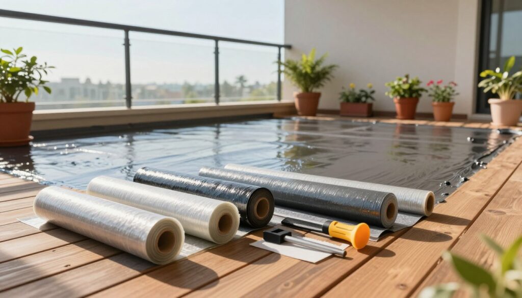 A serene balcony scene showcasing waterproofing materials for effective hydroizolation. In the foreground, neatly arranged waterproofing membranes, rolls of sealant, and tools lie on a wooden deck, softly reflecting the morning light. The middle ground features a partially installed waterproof coating on the balcony surface, showing a smooth, shiny finish. The background includes vibrant potted plants and a clear sky, creating a welcoming atmosphere. The lighting is bright and natural, hinting at a sunny day, with shadows casting gently on the balcony surface. Emphasize organized materials and the essence of a professional setup, symbolizing reliability and efficiency in water protection practices. A serene balcony scene showcasing waterproofing materials for effective hydroizolation. In the foreground, neatly arranged waterproofing membranes, rolls of sealant, and tools lie on a wooden deck, softly reflecting the morning light. The middle ground features a partially installed waterproof coating on the balcony surface, showing a smooth, shiny finish. The background includes vibrant potted plants and a clear sky, creating a welcoming atmosphere. The lighting is bright and natural, hinting at a sunny day, with shadows casting gently on the balcony surface. Emphasize organized materials and the essence of a professional setup, symbolizing reliability and efficiency in water protection practices.