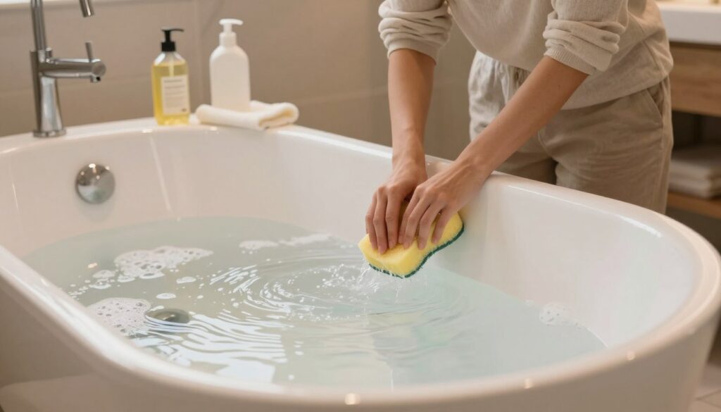 A serene bathroom scene featuring a spotless acrylic bathtub, positioned prominently in the foreground. The tub is filled with warm, bubbly water, with gentle ripples creating a calming effect. In the middle ground, a woman is wearing modest casual clothing, carefully scrubbing the sides of the bathtub with a soft sponge, emphasizing her delicate touch to avoid scratches. Cleaning supplies, such as a bottle of gentle cleaning solution and a fluffy microfiber cloth, are neatly arranged on the edge of the tub. The background subtly showcases a tastefully decorated bathroom with soft ambient lighting that creates a warm and inviting atmosphere, capturing the essence of home care and cleanliness. The angle is slightly elevated, offering a clear view of both the bathtub and the cleaning process without any distractions. A serene bathroom scene featuring a spotless acrylic bathtub, positioned prominently in the foreground. The tub is filled with warm, bubbly water, with gentle ripples creating a calming effect. In the middle ground, a woman is wearing modest casual clothing, carefully scrubbing the sides of the bathtub with a soft sponge, emphasizing her delicate touch to avoid scratches. Cleaning supplies, such as a bottle of gentle cleaning solution and a fluffy microfiber cloth, are neatly arranged on the edge of the tub. The background subtly showcases a tastefully decorated bathroom with soft ambient lighting that creates a warm and inviting atmosphere, capturing the essence of home care and cleanliness. The angle is slightly elevated, offering a clear view of both the bathtub and the cleaning process without any distractions.