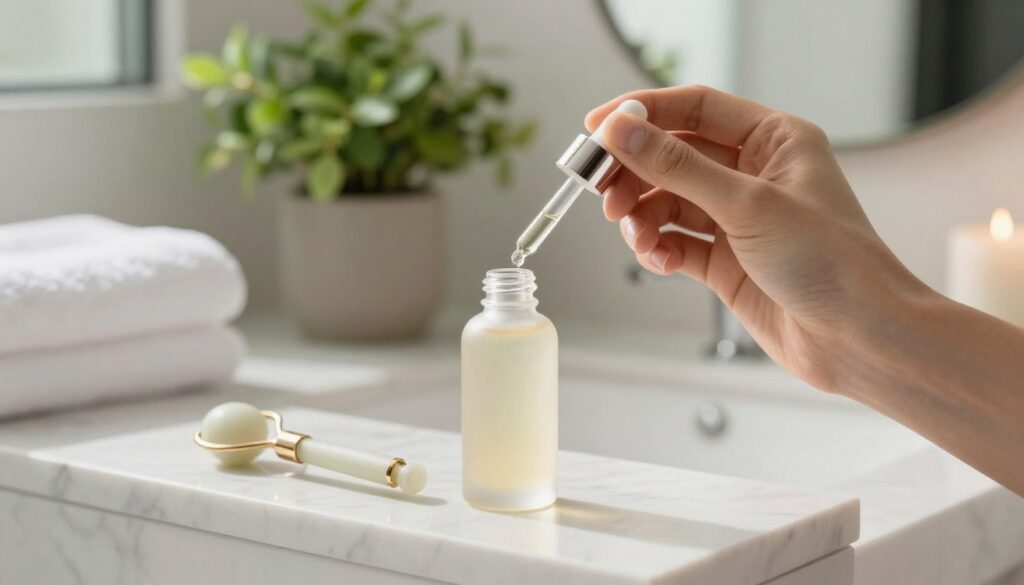 A serene bathroom setting filled with soft, natural light. In the foreground, a hand gently holds a small, elegant glass dropper bottle filled with a glowing serum, its label emphasizing clarity and purity. On a marble countertop, a minimalist facial roller lays beside the serum, symbolizing skincare routines. The middle ground includes a fresh green plant, hinting at natural ingredients, while a mirror reflects the glistening serum. In the background, subtle hints of white soft towels and gentle candles create a calming atmosphere. The overall mood is fresh and rejuvenating, inviting a sense of daily skincare ritual. The image should be bright and inviting, with a focus on the textures of the products and the peaceful ambiance. A serene bathroom setting filled with soft, natural light. In the foreground, a hand gently holds a small, elegant glass dropper bottle filled with a glowing serum, its label emphasizing clarity and purity. On a marble countertop, a minimalist facial roller lays beside the serum, symbolizing skincare routines. The middle ground includes a fresh green plant, hinting at natural ingredients, while a mirror reflects the glistening serum. In the background, subtle hints of white soft towels and gentle candles create a calming atmosphere. The overall mood is fresh and rejuvenating, inviting a sense of daily skincare ritual. The image should be bright and inviting, with a focus on the textures of the products and the peaceful ambiance.