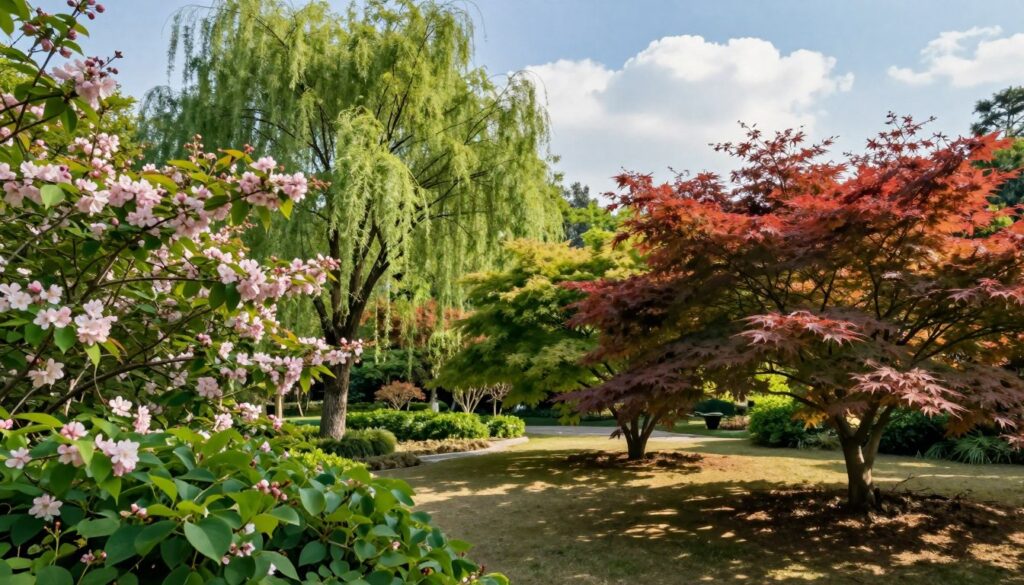 A serene garden scene featuring a variety of ornamental trees, such as weeping willows, Japanese maples, and flowering dogwoods, showcasing their lush foliage and vibrant blossoms. In the foreground, delicate blossoms and rich green leaves create a lush tapestry, while the middle ground reveals a carefully landscaped arrangement of the trees, casting playful shadows on the ground. The background includes a soft-focus of a sunny blue sky dotted with fluffy white clouds, providing a warm and inviting atmosphere. The lighting is soft, evoking a tranquil afternoon glow, highlighting the texture and color of the leaves and flowers. The composition is framed to emphasize the peaceful coexistence of nature, enticing viewers with their beauty and potential for garden decoration. A serene garden scene featuring a variety of ornamental trees, such as weeping willows, Japanese maples, and flowering dogwoods, showcasing their lush foliage and vibrant blossoms. In the foreground, delicate blossoms and rich green leaves create a lush tapestry, while the middle ground reveals a carefully landscaped arrangement of the trees, casting playful shadows on the ground. The background includes a soft-focus of a sunny blue sky dotted with fluffy white clouds, providing a warm and inviting atmosphere. The lighting is soft, evoking a tranquil afternoon glow, highlighting the texture and color of the leaves and flowers. The composition is framed to emphasize the peaceful coexistence of nature, enticing viewers with their beauty and potential for garden decoration.