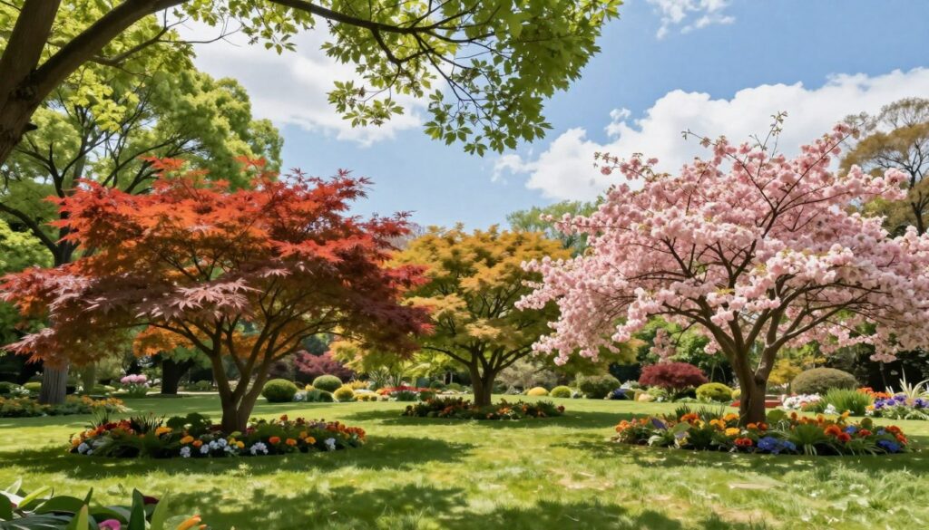 A serene garden scene featuring a variety of ornamental trees that provide shade and vibrant colors. In the foreground, lush green grass with small flower beds, showcasing colorful blooms. The middle ground features several decorative trees, such as Japanese maples with red and orange leaves, and flowering dogwoods bursting with pink petals. Soft sunlight filters through the tree branches, creating dappled shadows on the ground. In the background, a calm and inviting blue sky enhances the tranquil atmosphere, with a few fluffy white clouds. The overall mood is peaceful and idyllic, ideal for a garden that embodies beauty and balance. The image is captured with a slight upward angle, emphasizing the grandeur of the trees. A serene garden scene featuring a variety of ornamental trees that provide shade and vibrant colors. In the foreground, lush green grass with small flower beds, showcasing colorful blooms. The middle ground features several decorative trees, such as Japanese maples with red and orange leaves, and flowering dogwoods bursting with pink petals. Soft sunlight filters through the tree branches, creating dappled shadows on the ground. In the background, a calm and inviting blue sky enhances the tranquil atmosphere, with a few fluffy white clouds. The overall mood is peaceful and idyllic, ideal for a garden that embodies beauty and balance. The image is captured with a slight upward angle, emphasizing the grandeur of the trees.
