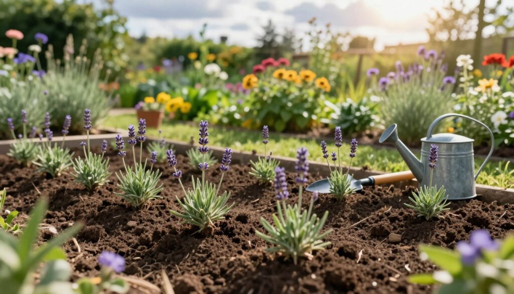 A serene garden scene featuring a well-prepared planting area for lavender. In the foreground, rich, dark soil is neatly tilled and ready for planting, with small lavender seedlings placed in organized rows. In the middle ground, gardening tools such as a trowel and watering can sit beside the prepared plot, hinting at the careful preparation process. The background is lush with greenery and colorful flowers, creating a vibrant garden setting. Soft, warm sunlight filters through scattered clouds, gently illuminating the scene and casting soft shadows. Capture the tranquility and anticipation of preparing a garden space, emphasizing the beauty of nature and the care involved in gardening. The scene should evoke a sense of calm and dedication to nurturing plants.