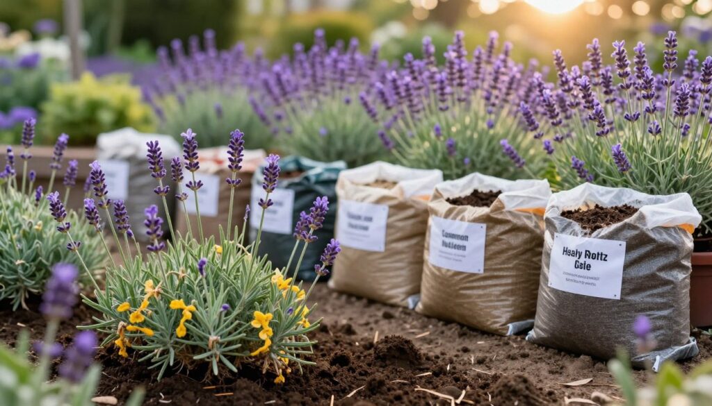 A serene garden scene showcasing common mistakes in selecting lavender soil. In the foreground, a close-up of unhealthy lavender plants affected by poor drainage and nutrient imbalance, with visibly yellowing leaves and wilting flowers. In the middle ground, various bags labeled with incorrect soil types like heavy clay and regular garden soil, contrasted against a backdrop of vibrant, healthy lavender plants thriving in the right soil conditions, showcasing lush purple blooms. The background features a softly blurred garden setting under warm, golden hour lighting, creating a peaceful and educational atmosphere. Use a shallow depth of field to focus on the mistakes while still providing context of the thriving lavender.