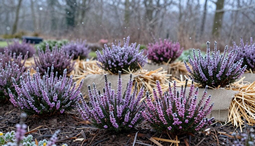 A serene garden scene showcasing heather plants (wrzosy) expertly protected from winter frost. In the foreground, freshly mulched soil surrounds vibrant clusters of blooming heather, their purple and pink flowers contrasting against the muted winter landscape. The middle ground features carefully arranged protective layers of straw and burlap, subtly shielding the plants from icy conditions. In the background, fluffy snowflakes gently fall against a soft-focus woodland backdrop, casting a tranquil atmosphere. The scene is bathed in soft, cool winter light, creating a calm and peaceful ambiance. The angle captures the depth of the garden while highlighting the resilience of the heather. Emphasize natural elegance and warmth, with a focus on nurturing care during the cold months. A serene garden scene showcasing heather plants (wrzosy) expertly protected from winter frost. In the foreground, freshly mulched soil surrounds vibrant clusters of blooming heather, their purple and pink flowers contrasting against the muted winter landscape. The middle ground features carefully arranged protective layers of straw and burlap, subtly shielding the plants from icy conditions. In the background, fluffy snowflakes gently fall against a soft-focus woodland backdrop, casting a tranquil atmosphere. The scene is bathed in soft, cool winter light, creating a calm and peaceful ambiance. The angle captures the depth of the garden while highlighting the resilience of the heather. Emphasize natural elegance and warmth, with a focus on nurturing care during the cold months.