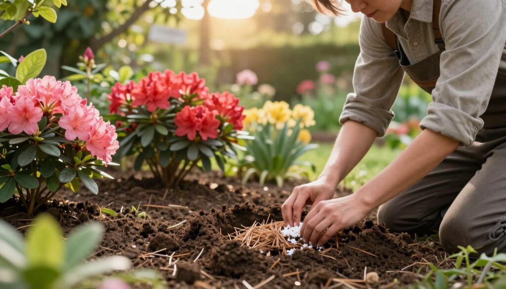 A serene garden scene showcasing the preparation of acidic soil for plants. In the foreground, a gardener, dressed in modest, professional gardening attire, kneels beside a rich, dark soil patch, mixing in organic materials like pine needles and sulfur. In the middle ground, a variety of vibrant acid-loving plants, such as azaleas and rhododendrons, are displayed, their vibrant colors contrasting with the rich earth. In the background, soft sunlight filters through the leaves of surrounding trees, creating a warm, inviting atmosphere. The focus is sharp on the gardener and the soil, while the surrounding flora is slightly blurred to emphasize the gardening activity. Capture the essence of nurturing and preparation within a calm, productive garden setting. A serene garden scene showcasing the preparation of acidic soil for plants. In the foreground, a gardener, dressed in modest, professional gardening attire, kneels beside a rich, dark soil patch, mixing in organic materials like pine needles and sulfur. In the middle ground, a variety of vibrant acid-loving plants, such as azaleas and rhododendrons, are displayed, their vibrant colors contrasting with the rich earth. In the background, soft sunlight filters through the leaves of surrounding trees, creating a warm, inviting atmosphere. The focus is sharp on the gardener and the soil, while the surrounding flora is slightly blurred to emphasize the gardening activity. Capture the essence of nurturing and preparation within a calm, productive garden setting.