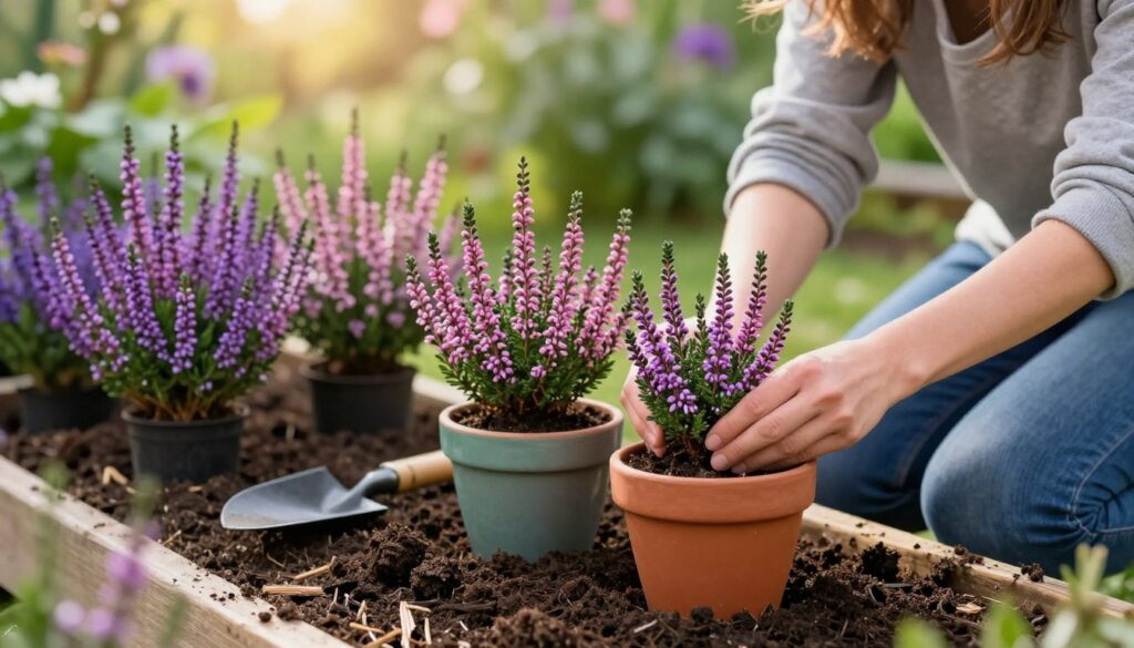 A serene garden scene showcasing the process of planting heather in pots. In the foreground, a gardener in modest, casual clothing kneels by colorful ceramic pots filled with rich, dark soil, gently placing vibrant heather plants into each pot. The middle ground features an assortment of heather in various shades of purple and pink, some partially buried in soil, with gardening tools like a small trowel nearby. In the background, soft, diffused sunlight filters through lush greenery, creating a warm, inviting atmosphere. The scene conveys a sense of peacefulness and care, emphasizing the beauty of gardening and the art of planting heather. The focus is sharp on the potting area, with a shallow depth of field blurring the background lightly. A serene garden scene showcasing the process of planting heather in pots. In the foreground, a gardener in modest, casual clothing kneels by colorful ceramic pots filled with rich, dark soil, gently placing vibrant heather plants into each pot. The middle ground features an assortment of heather in various shades of purple and pink, some partially buried in soil, with gardening tools like a small trowel nearby. In the background, soft, diffused sunlight filters through lush greenery, creating a warm, inviting atmosphere. The scene conveys a sense of peacefulness and care, emphasizing the beauty of gardening and the art of planting heather. The focus is sharp on the potting area, with a shallow depth of field blurring the background lightly.