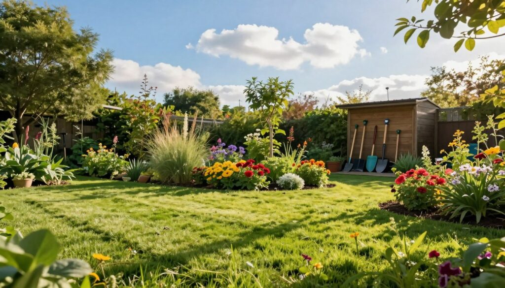 A serene garden scene under optimal weather conditions for gardening, featuring a lush, vibrant lawn in the foreground, with freshly mowed grass. In the middle, a variety of colorful flowering plants bloom under a clear blue sky, sunlight casting gentle shadows that highlight their details. A few fluffy white clouds drift lazily above, while a mild breeze hints at movement in the leaves. The background showcases neatly organized garden tools resting against a wooden shed, surrounded by greenery. The lighting is warm and inviting, evoking a sense of tranquility and productivity. The angle captures a wide view to emphasize the beauty and potential of the garden, radiating an atmosphere of joy and relaxation, ideal for gardening activities. A serene garden scene under optimal weather conditions for gardening, featuring a lush, vibrant lawn in the foreground, with freshly mowed grass. In the middle, a variety of colorful flowering plants bloom under a clear blue sky, sunlight casting gentle shadows that highlight their details. A few fluffy white clouds drift lazily above, while a mild breeze hints at movement in the leaves. The background showcases neatly organized garden tools resting against a wooden shed, surrounded by greenery. The lighting is warm and inviting, evoking a sense of tranquility and productivity. The angle captures a wide view to emphasize the beauty and potential of the garden, radiating an atmosphere of joy and relaxation, ideal for gardening activities.
