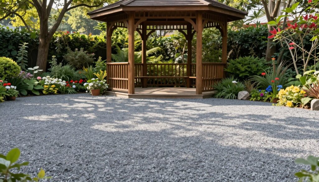 A serene garden setting featuring a gravel floor beneath a charming wooden gazebo. The foreground showcases a smooth, neatly spread layer of fine gray gravel, glistening softly in ambient natural light. In the middle, the gazebo stands elegantly, with its wooden beams and latticework, surrounded by lush greenery and blooming flowers that indicate a thriving garden environment. Delicate sunlight filters through the leaves, casting dappled shadows on the gravel. In the background, tall trees and vibrant shrubs frame the scene, enhancing the feeling of privacy and tranquility. The overall atmosphere is calm and inviting, perfect for outdoor gatherings or relaxation, emphasizing durability and moisture resistance in outdoor flooring choices.