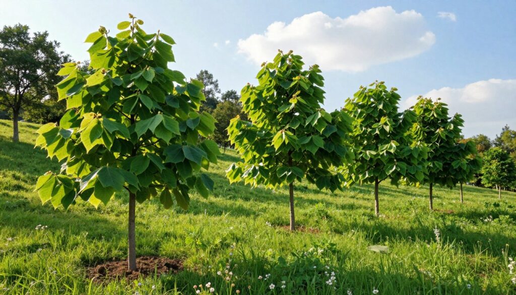 A serene landscape showcasing the ideal site for planting Catalpa trees. In the foreground, lush green grass interspersed with small wildflowers, symbolizing the health of the soil. In the middle ground, several young Catalpa trees, their broad leaves shimmering under gentle sunlight, displaying vibrant hues of green. The background features a gently sloping hill with a variety of trees, suggesting a diverse ecosystem. Bright blue skies with soft, fluffy clouds provide a peaceful atmosphere. The scene is illuminated by warm, dappled sunlight filtering through the leaves, creating a soft glow. The angle is slightly elevated, allowing for a comprehensive view of this idyllic setting, exuding tranquility and the promise of growth. A serene landscape showcasing the ideal site for planting Catalpa trees. In the foreground, lush green grass interspersed with small wildflowers, symbolizing the health of the soil. In the middle ground, several young Catalpa trees, their broad leaves shimmering under gentle sunlight, displaying vibrant hues of green. The background features a gently sloping hill with a variety of trees, suggesting a diverse ecosystem. Bright blue skies with soft, fluffy clouds provide a peaceful atmosphere. The scene is illuminated by warm, dappled sunlight filtering through the leaves, creating a soft glow. The angle is slightly elevated, allowing for a comprehensive view of this idyllic setting, exuding tranquility and the promise of growth.