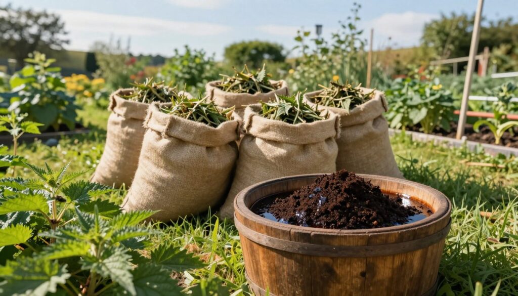 A serene outdoor scene depicting the proper storage of nettle manure. In the foreground, a rustic wooden barrel filled with rich, dark liquid compost sits on a grassy patch, surrounded by vibrant green nettles. In the middle ground, several burlap sacks filled with dried nettles are carefully placed, emphasizing the organic nature of the storage process. The background features a sunny, clear sky, and a lush garden with various herbs growing nearby, suggesting a productive and healthy environment. The lighting is warm and natural, with soft shadows creating a tranquil mood. The angle should be slightly elevated to capture the entire scene, conveying a sense of serenity and harmony in sustainable gardening practices. A serene outdoor scene depicting the proper storage of nettle manure. In the foreground, a rustic wooden barrel filled with rich, dark liquid compost sits on a grassy patch, surrounded by vibrant green nettles. In the middle ground, several burlap sacks filled with dried nettles are carefully placed, emphasizing the organic nature of the storage process. The background features a sunny, clear sky, and a lush garden with various herbs growing nearby, suggesting a productive and healthy environment. The lighting is warm and natural, with soft shadows creating a tranquil mood. The angle should be slightly elevated to capture the entire scene, conveying a sense of serenity and harmony in sustainable gardening practices.