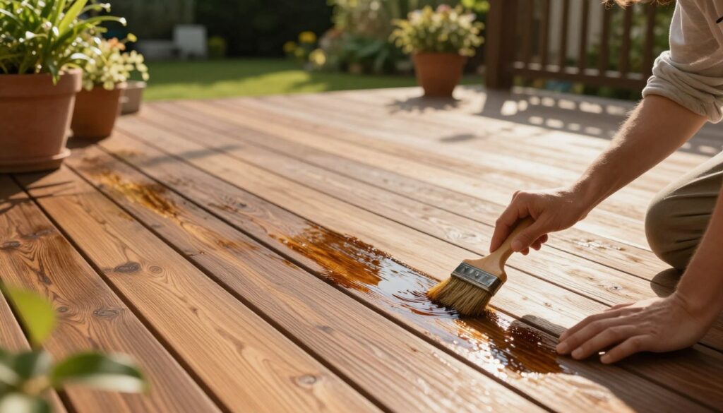 A serene outdoor scene showcasing the process of oiling a wooden terrace, with a focus on detailed textures of the wood grain glistening under a warm, golden sunlight. In the foreground, a person in modest casual clothing is carefully applying a rich, dark oil to the wooden boards, using a brush to ensure even coverage. The middle layer features the terrace itself, displaying a well-maintained, beautiful wood finish that contrasts with the lush green potted plants surrounding the area. In the background, a tranquil garden is visible, with soft shadows cast by trees, creating a peaceful atmosphere. The angle captures both the action of oiling and the inviting ambiance of the outdoor space, evoking a sense of care and maintenance. A serene outdoor scene showcasing the process of oiling a wooden terrace, with a focus on detailed textures of the wood grain glistening under a warm, golden sunlight. In the foreground, a person in modest casual clothing is carefully applying a rich, dark oil to the wooden boards, using a brush to ensure even coverage. The middle layer features the terrace itself, displaying a well-maintained, beautiful wood finish that contrasts with the lush green potted plants surrounding the area. In the background, a tranquil garden is visible, with soft shadows cast by trees, creating a peaceful atmosphere. The angle captures both the action of oiling and the inviting ambiance of the outdoor space, evoking a sense of care and maintenance.