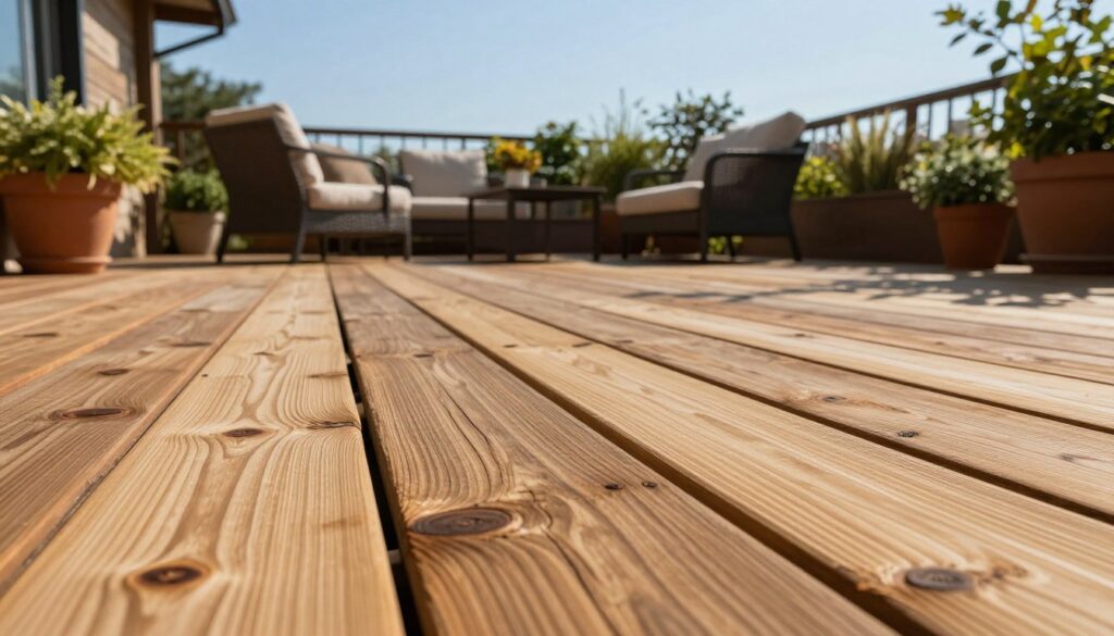 A serene outdoor terrace scene showcasing rustic pine wood decking, emphasizing the grain and texture of the timber. In the foreground, a close-up view of richly colored pine boards, highlighting the natural knots and variations in the wood, glistening gently under warm sunlight. The middle ground features a cozy seating area with elegant outdoor furniture, surrounded by potted plants and green foliage that enhances the tranquility. In the background, a clear blue sky stretches overhead, casting soft shadows and creating a bright, inviting atmosphere. The overall mood is calm and inviting, ideal for enjoying nature, while showcasing the durability and aesthetic appeal of pine wood as a practical choice for outdoor spaces. A serene outdoor terrace scene showcasing rustic pine wood decking, emphasizing the grain and texture of the timber. In the foreground, a close-up view of richly colored pine boards, highlighting the natural knots and variations in the wood, glistening gently under warm sunlight. The middle ground features a cozy seating area with elegant outdoor furniture, surrounded by potted plants and green foliage that enhances the tranquility. In the background, a clear blue sky stretches overhead, casting soft shadows and creating a bright, inviting atmosphere. The overall mood is calm and inviting, ideal for enjoying nature, while showcasing the durability and aesthetic appeal of pine wood as a practical choice for outdoor spaces.