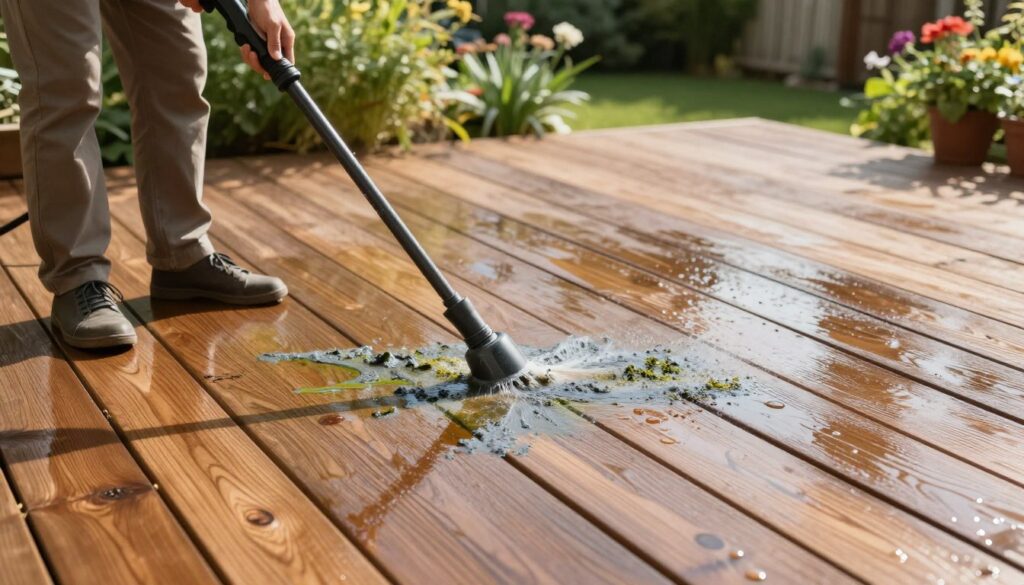 A serene outdoor wooden terrace, freshly cleaned and gleaming under soft morning sunlight. In the foreground, a person wearing modest casual clothing is using a pressure washer to remove dirt, algae, and gray residue from the terrace boards. In the middle ground, the wooden planks are clearly visible, showcasing their rich grain and texture, with water droplets shimmering on the surface. In the background, lush green plants and flowers add vibrancy, suggesting a well-tended garden. The scene is peaceful and inviting, highlighting the beauty of maintained wood. Soft shadows are cast by the sunlight, enhancing the overall warm atmosphere of a sunny day perfect for outdoor cleaning tasks. A serene outdoor wooden terrace, freshly cleaned and gleaming under soft morning sunlight. In the foreground, a person wearing modest casual clothing is using a pressure washer to remove dirt, algae, and gray residue from the terrace boards. In the middle ground, the wooden planks are clearly visible, showcasing their rich grain and texture, with water droplets shimmering on the surface. In the background, lush green plants and flowers add vibrancy, suggesting a well-tended garden. The scene is peaceful and inviting, highlighting the beauty of maintained wood. Soft shadows are cast by the sunlight, enhancing the overall warm atmosphere of a sunny day perfect for outdoor cleaning tasks.