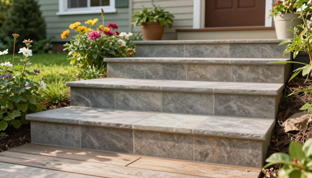 A set of beautiful outdoor stairs designed with durable, non-slip materials instead of traditional tiles. The foreground features textured, weather-resistant surfaces like wooden planks or stone composites, demonstrating their sturdy appearance. In the middle ground, display a lush garden setting with vibrant greenery and colorful flowers, enhancing the natural look of the stairs. The background includes a cozy home, blending seamlessly with the stairs, framed by soft sunlight casting gentle shadows, suggesting warmth and inviting ambiance. The overall atmosphere conveys a sense of resilience and practicality, perfect for outdoor steps, emphasizing functionality without compromising aesthetics. The image captures a serene, well-maintained environment, inspiring confidence in alternative stair materials. A set of beautiful outdoor stairs designed with durable, non-slip materials instead of traditional tiles. The foreground features textured, weather-resistant surfaces like wooden planks or stone composites, demonstrating their sturdy appearance. In the middle ground, display a lush garden setting with vibrant greenery and colorful flowers, enhancing the natural look of the stairs. The background includes a cozy home, blending seamlessly with the stairs, framed by soft sunlight casting gentle shadows, suggesting warmth and inviting ambiance. The overall atmosphere conveys a sense of resilience and practicality, perfect for outdoor steps, emphasizing functionality without compromising aesthetics. The image captures a serene, well-maintained environment, inspiring confidence in alternative stair materials.