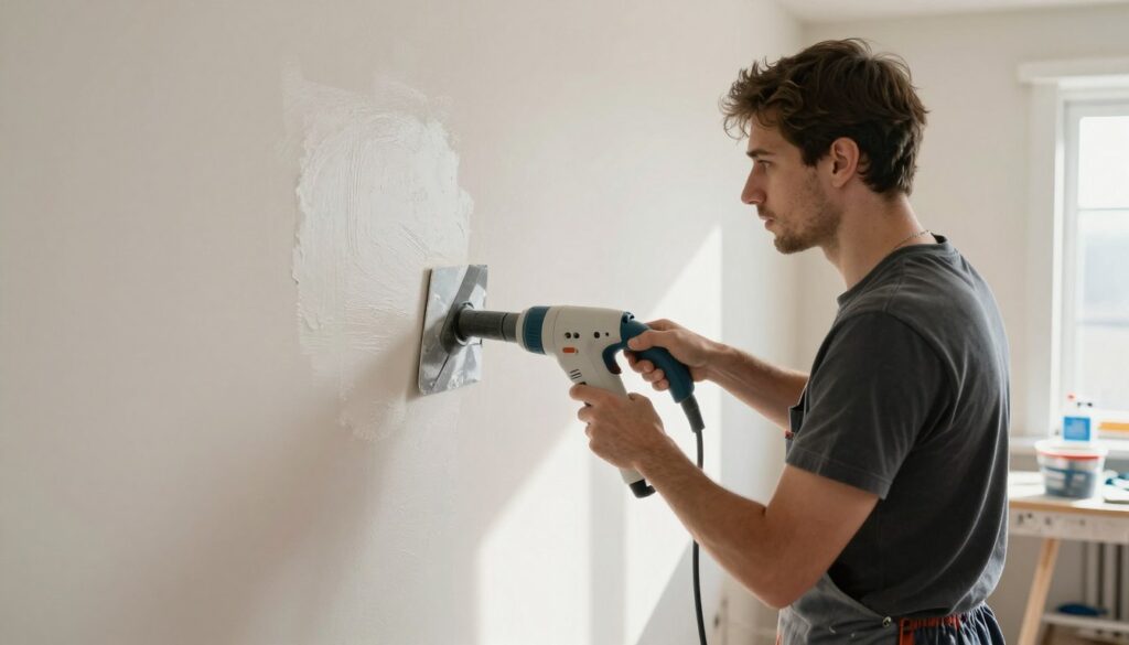 A skilled professional wearing modest casual clothing is carefully demonstrating dry paint removal techniques on a wall covered with old emulsion paint. The foreground features tools such as a scraper and a vacuum attachment specifically designed for dry removal, highlighting their efficient use. In the middle ground, the wall shows distinct patches of both painted and unpainted surfaces, illustrating the progress of the removal process. Natural light pours in from a nearby window, casting soft shadows that enhance the texture of the wall. The background includes a well-organized workspace with supplies like drop cloths and containers, creating a sense of order and professionalism. The mood is focused and industrious, showcasing a practical approach to home improvement. A skilled professional wearing modest casual clothing is carefully demonstrating dry paint removal techniques on a wall covered with old emulsion paint. The foreground features tools such as a scraper and a vacuum attachment specifically designed for dry removal, highlighting their efficient use. In the middle ground, the wall shows distinct patches of both painted and unpainted surfaces, illustrating the progress of the removal process. Natural light pours in from a nearby window, casting soft shadows that enhance the texture of the wall. The background includes a well-organized workspace with supplies like drop cloths and containers, creating a sense of order and professionalism. The mood is focused and industrious, showcasing a practical approach to home improvement.