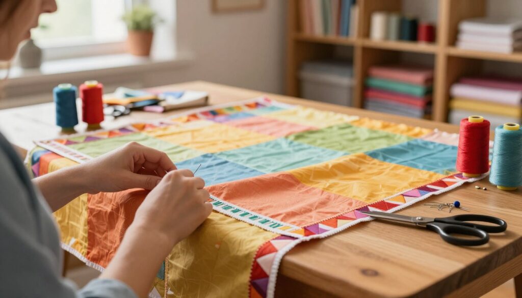 A skilled seamstress is carefully sewing a vibrant tablecloth with practical bias tape trim in a cozy sewing room. The foreground features her hands working with a needle and thread on colorful fabric, with the bias tape prominently showcased being stitched along the edges. In the middle, a beautifully arranged wooden table displays the partially finished tablecloth, surrounded by spools of colorful thread and sewing tools like scissors and pins. The background is softly blurred, highlighting shelves filled with various fabrics and crafting supplies. Warm, natural light streams in through a window, creating a cheerful and inviting atmosphere, enhancing the artistry of sewing. The scene conveys a sense of creativity and craftsmanship, perfect for illustrating the art of refreshing table decoration through sewing. A skilled seamstress is carefully sewing a vibrant tablecloth with practical bias tape trim in a cozy sewing room. The foreground features her hands working with a needle and thread on colorful fabric, with the bias tape prominently showcased being stitched along the edges. In the middle, a beautifully arranged wooden table displays the partially finished tablecloth, surrounded by spools of colorful thread and sewing tools like scissors and pins. The background is softly blurred, highlighting shelves filled with various fabrics and crafting supplies. Warm, natural light streams in through a window, creating a cheerful and inviting atmosphere, enhancing the artistry of sewing. The scene conveys a sense of creativity and craftsmanship, perfect for illustrating the art of refreshing table decoration through sewing.