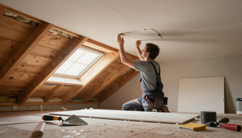 A skilled tradesperson in professional attire is carefully repairing a damaged drywall panel in a well-lit attic space. The foreground features tools like a trowel, joint compound, and sandpaper scattered on the floor, emphasizing the repair process. In the middle ground, the tradesperson is applying the compound to a cracked ceiling panel, showcasing the technique of smoothing the surface. Soft, diffused natural light streams through a small window, creating a warm and inviting atmosphere. The background includes exposed wooden beams and insulation materials, highlighting the unique characteristics of an attic. The overall mood conveys a sense of professionalism and attention to detail, focusing on effective repair methods for damaged surfaces. A skilled tradesperson in professional attire is carefully repairing a damaged drywall panel in a well-lit attic space. The foreground features tools like a trowel, joint compound, and sandpaper scattered on the floor, emphasizing the repair process. In the middle ground, the tradesperson is applying the compound to a cracked ceiling panel, showcasing the technique of smoothing the surface. Soft, diffused natural light streams through a small window, creating a warm and inviting atmosphere. The background includes exposed wooden beams and insulation materials, highlighting the unique characteristics of an attic. The overall mood conveys a sense of professionalism and attention to detail, focusing on effective repair methods for damaged surfaces.
